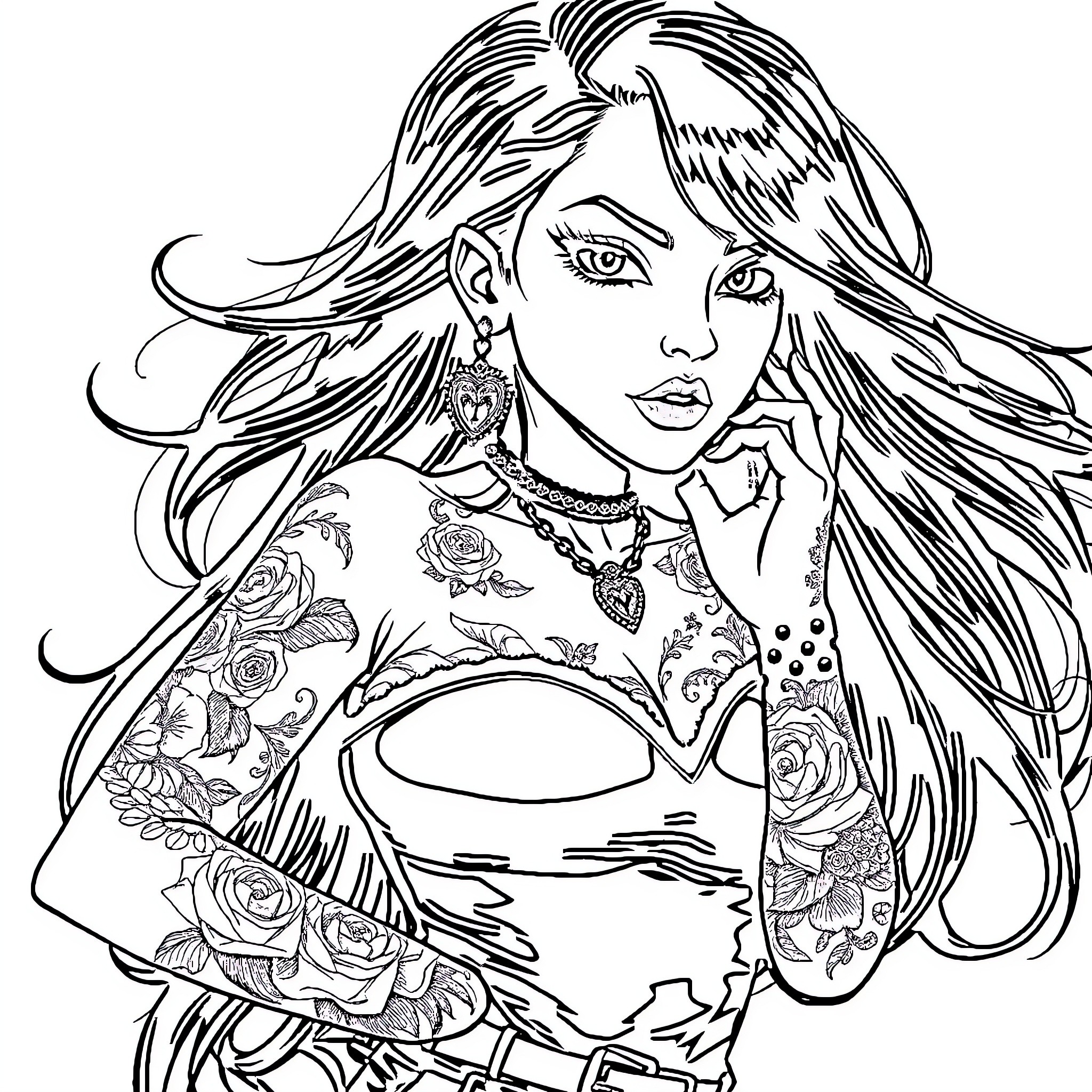 Goth Babe Strikes a Bold Pose Coloring Page (free black-and-white line drawing printable PDF for all, from beginners to advanced learners, including children, teens, adults, and seniors)