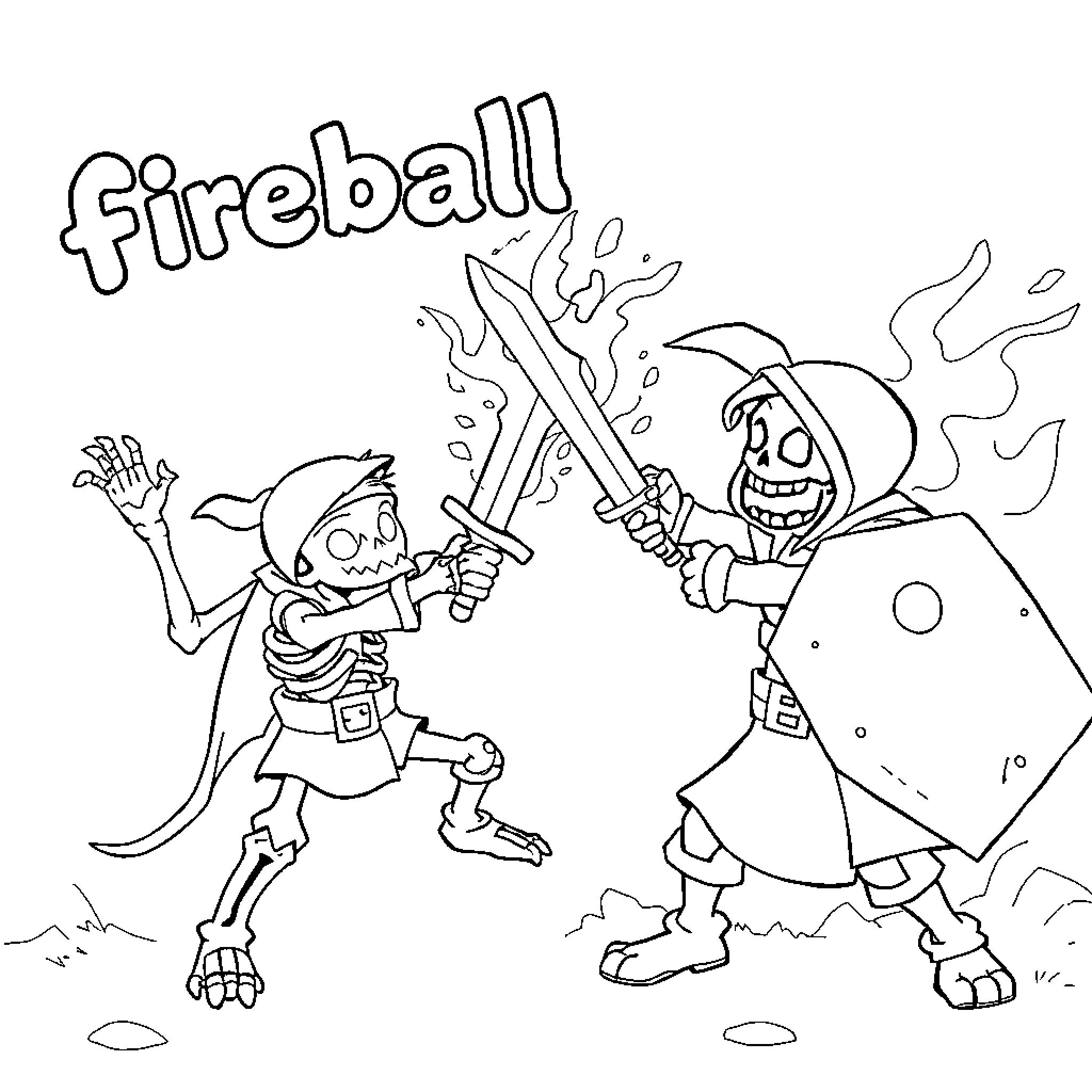 Characters battling with fireball magic Coloring Page (free black-and-white line drawing printable PDF for all, from beginners to advanced learners, including children, teens, adults, and seniors)