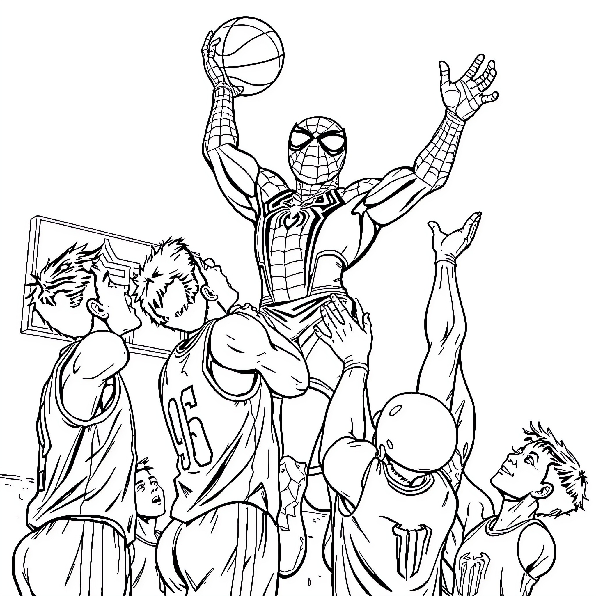 Spiderman playing basketball with teammates Coloring Page (free black-and-white line drawing printable PDF for all, from beginners to advanced learners, including children, teens, adults, and seniors)