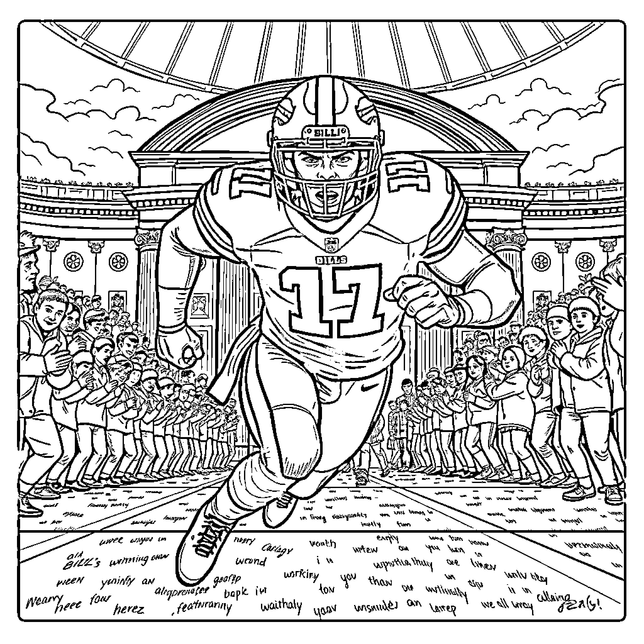 Football Player Running with Determination on the Field Coloring Page (free black-and-white line drawing printable PDF for all, from beginners to advanced learners, including children, teens, adults, and seniors)