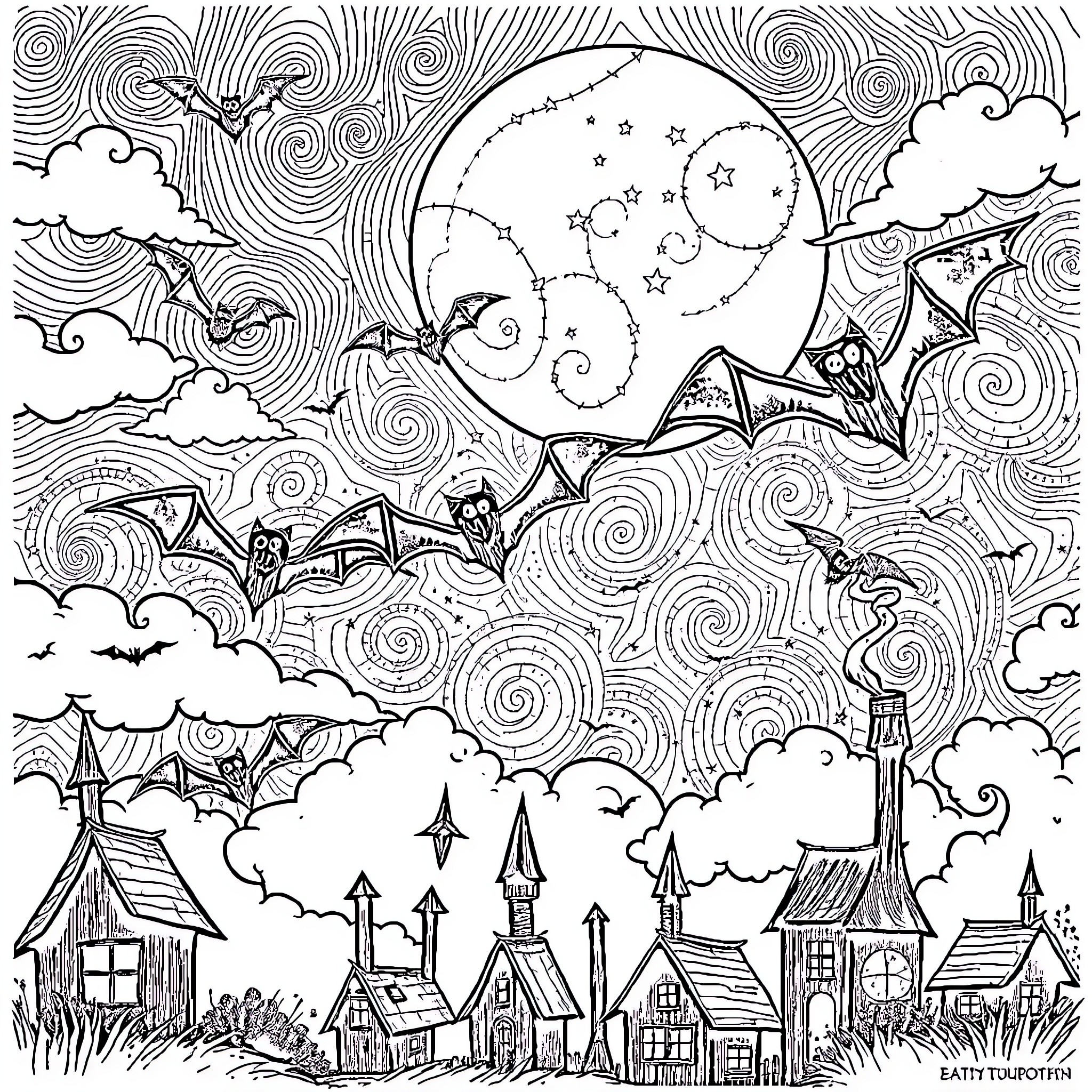Bat-themed Halloween night scene with spooky houses and decorations Coloring Page (free black-and-white line drawing printable PDF for all, from beginners to advanced learners, including children, teens, adults, and seniors)