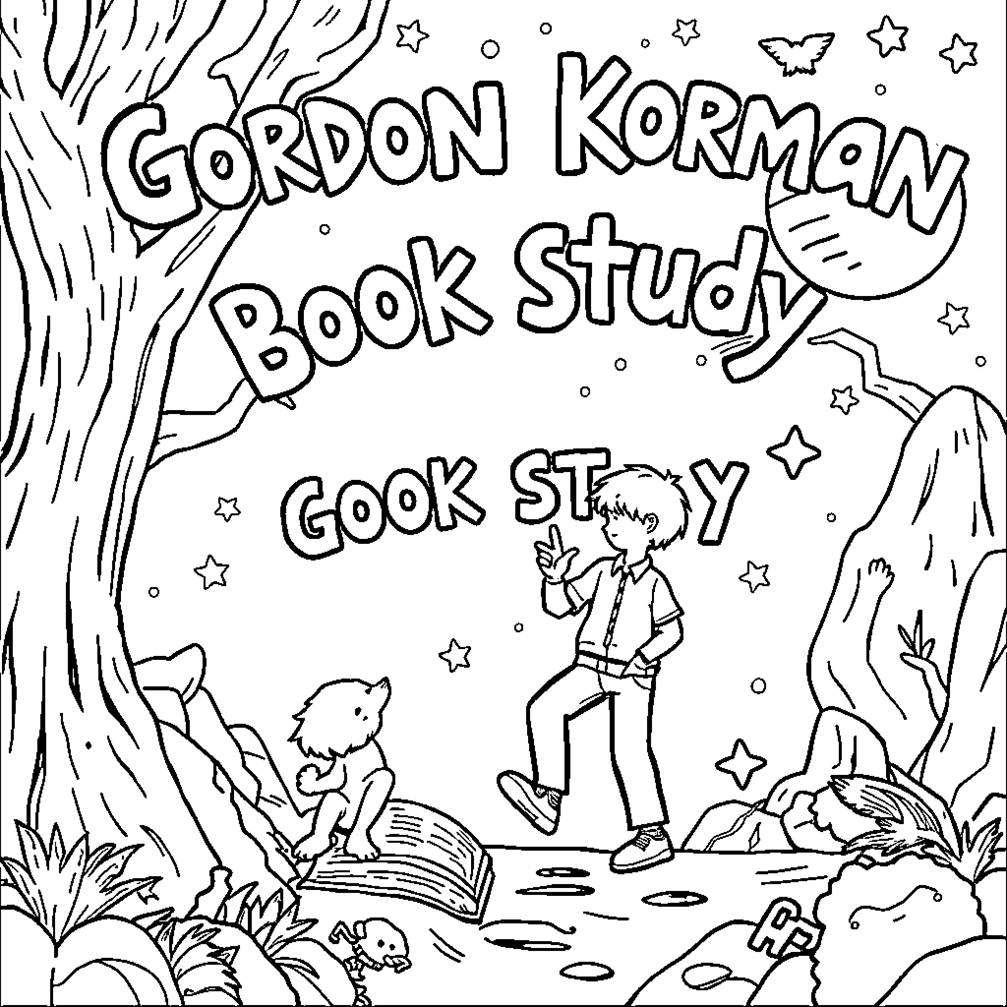 Gordon Korman Book Study with Outdoor Adventure Coloring Page (free black-and-white line drawing printable PDF for all, from beginners to advanced learners, including children, teens, adults, and seniors)