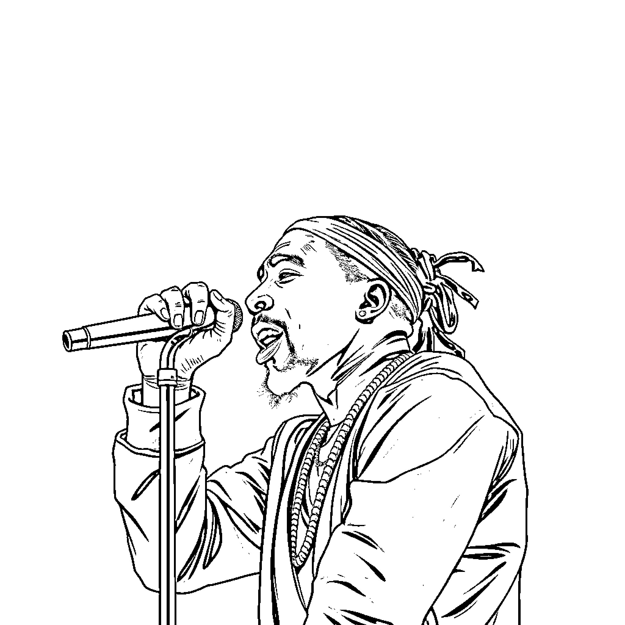 2pac performing on stage with microphone Coloring Page (free black-and-white line drawing printable PDF for all, from beginners to advanced learners, including children, teens, adults, and seniors)
