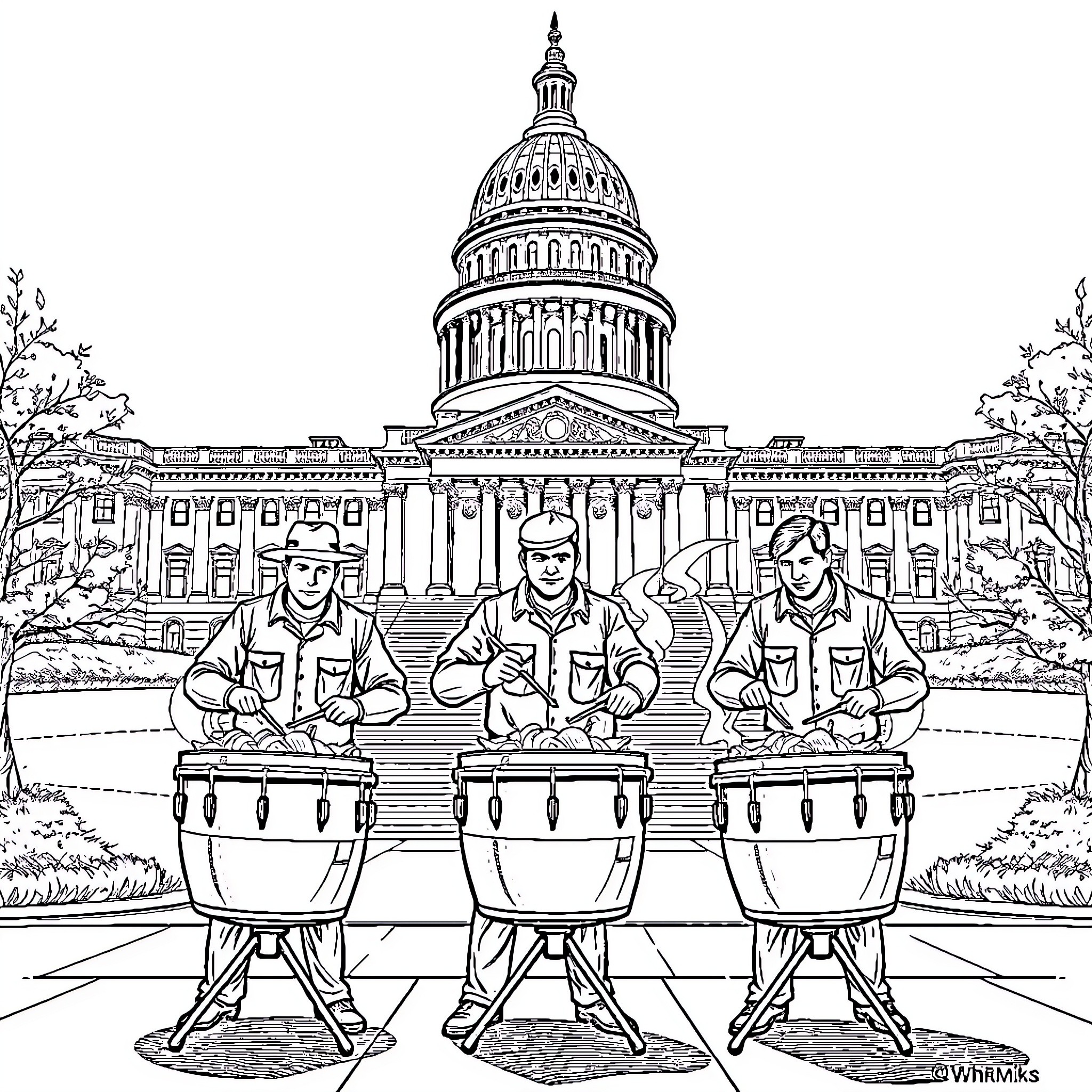 Guy drummers performing in front of the US Capitol building Coloring Page (free black-and-white line drawing printable PDF for all, from beginners to advanced learners, including children, teens, adults, and seniors)