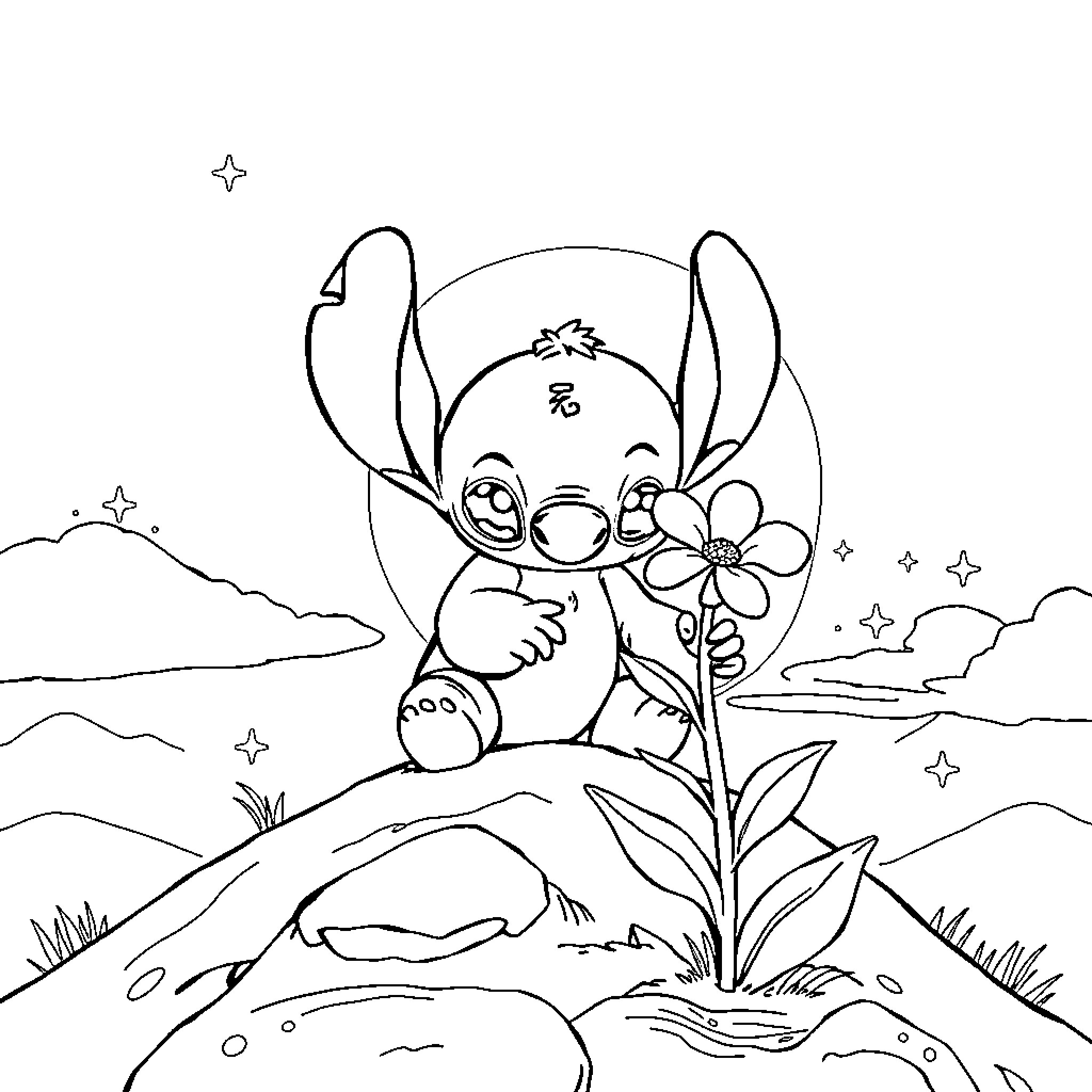 Stitch admiring a flower in nature Coloring Page (free black-and-white line drawing printable PDF for all, from beginners to advanced learners, including children, teens, adults, and seniors)