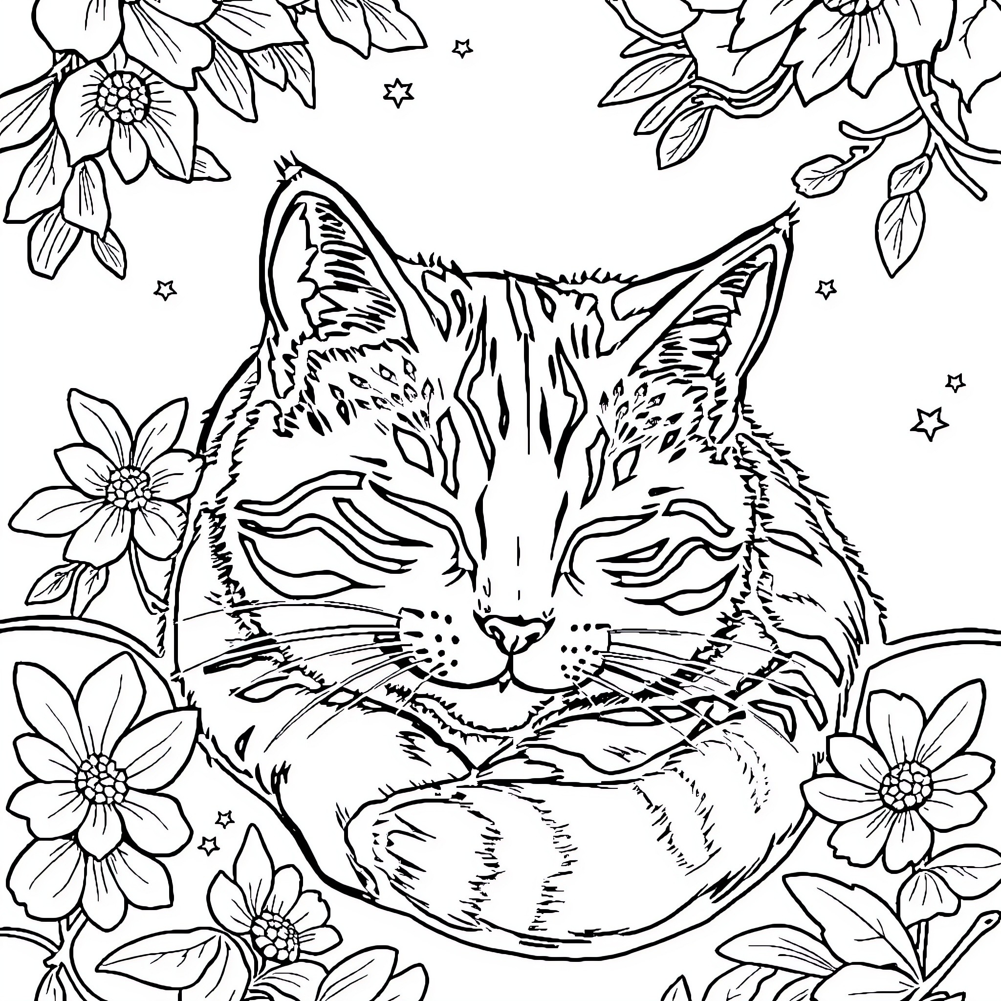 Cat resting amidst floral patterns Coloring Page (free black-and-white line drawing printable PDF for all, from beginners to advanced learners, including children, teens, adults, and seniors)