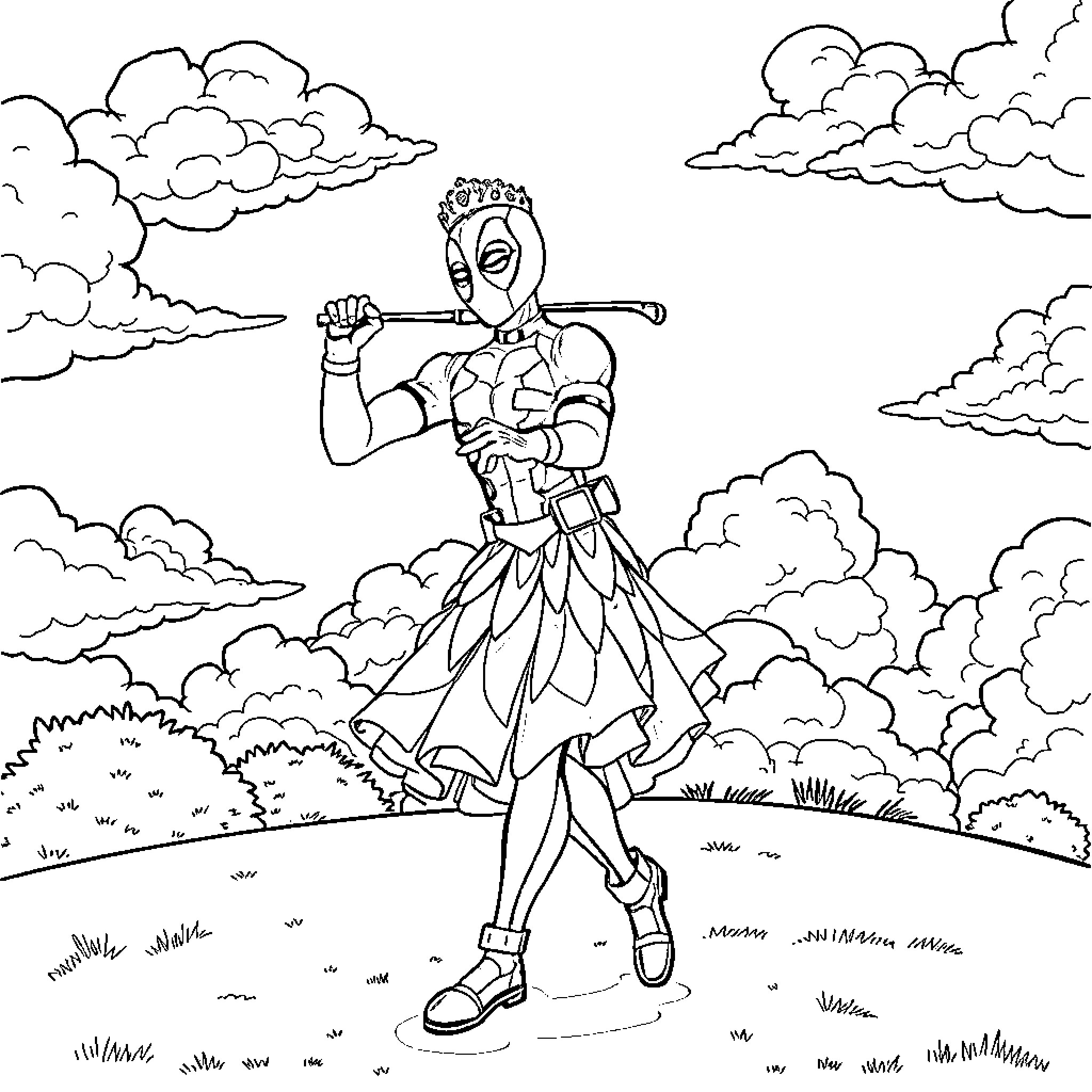 Deadpool Strikes a Heroic Pose in the Clouds Coloring Page (free black-and-white line drawing printable PDF for all, from beginners to advanced learners, including children, teens, adults, and seniors)