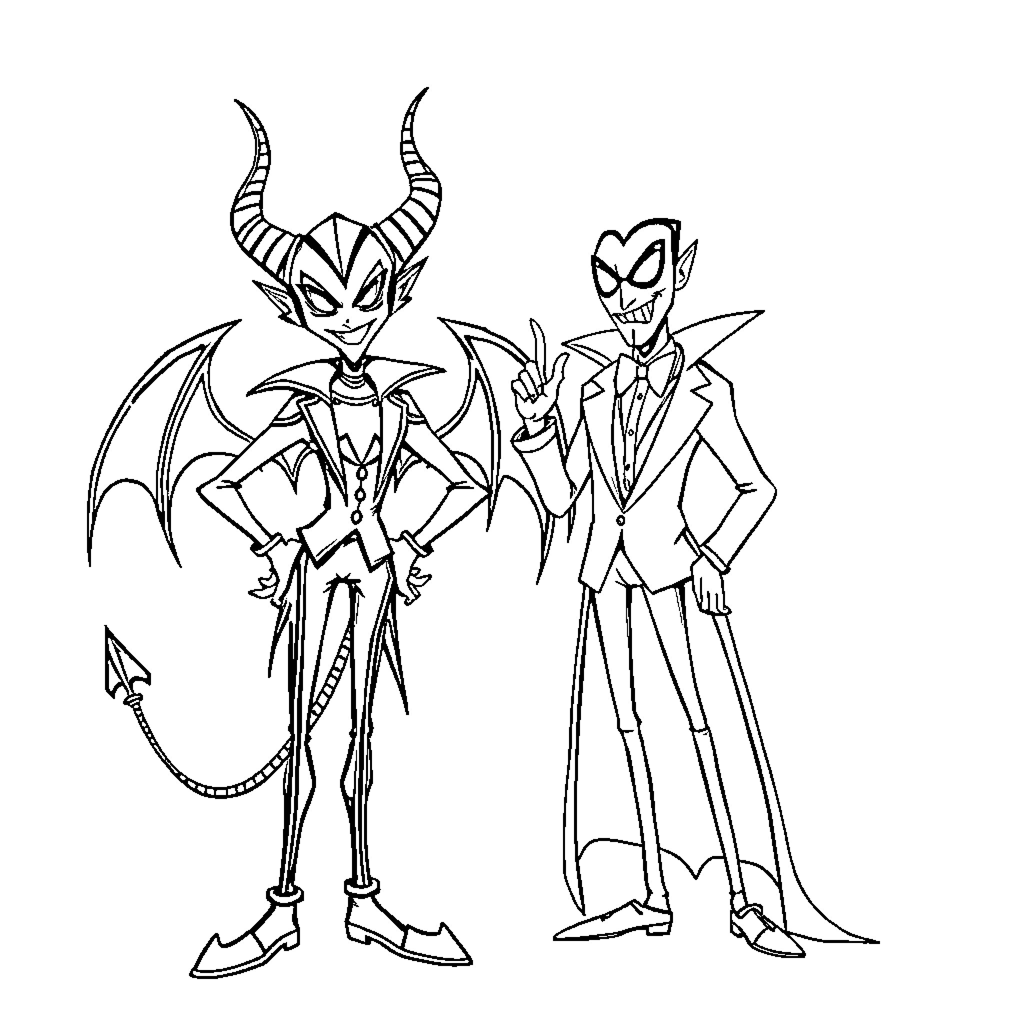 Lucifer's Antagonists: Villainous Duo in Monochrome Coloring Page (free black-and-white line drawing printable PDF for all, from beginners to advanced learners, including children, teens, adults, and seniors)