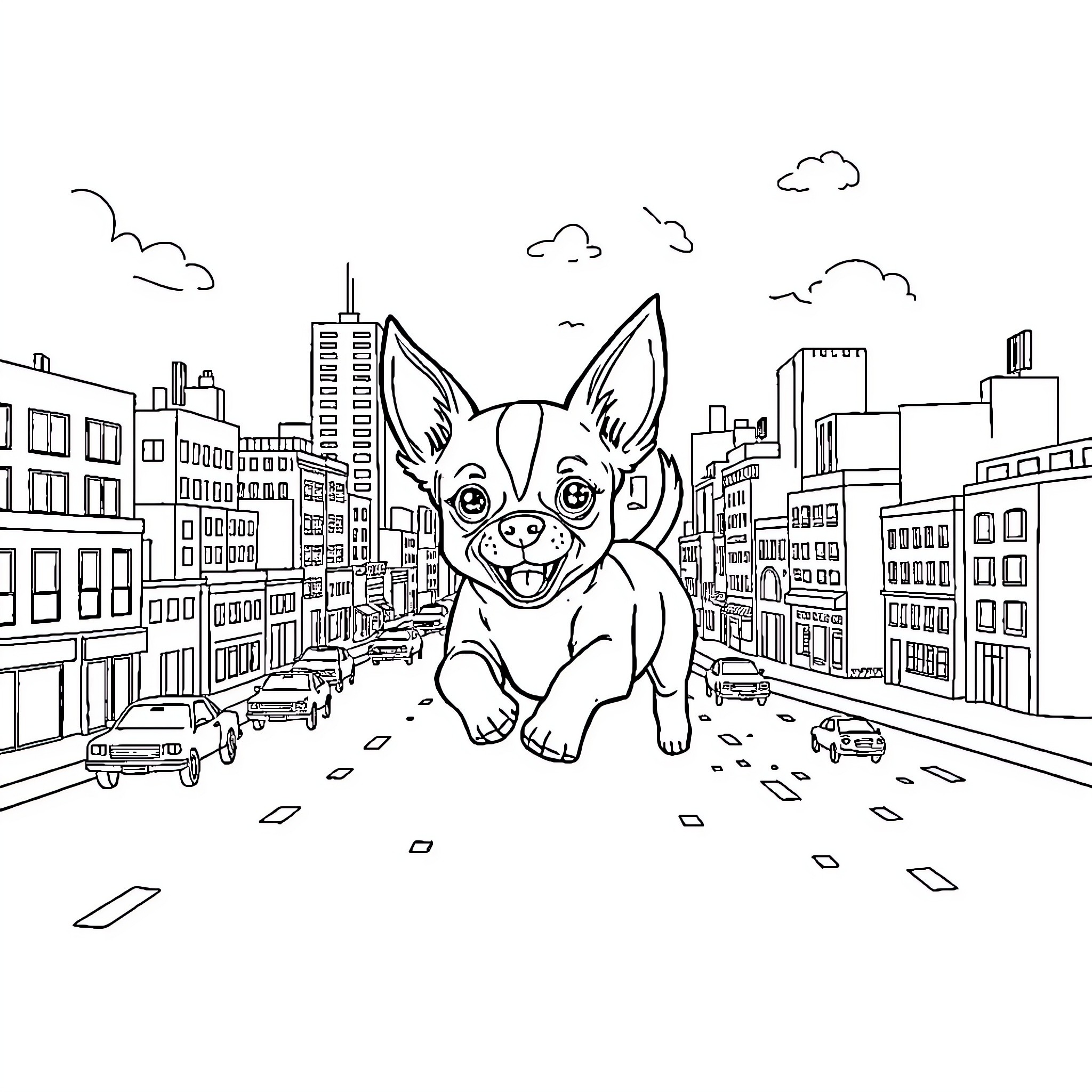 Chihuahua exploring the bustling city streets Coloring Page (free black-and-white line drawing printable PDF for all, from beginners to advanced learners, including children, teens, adults, and seniors)