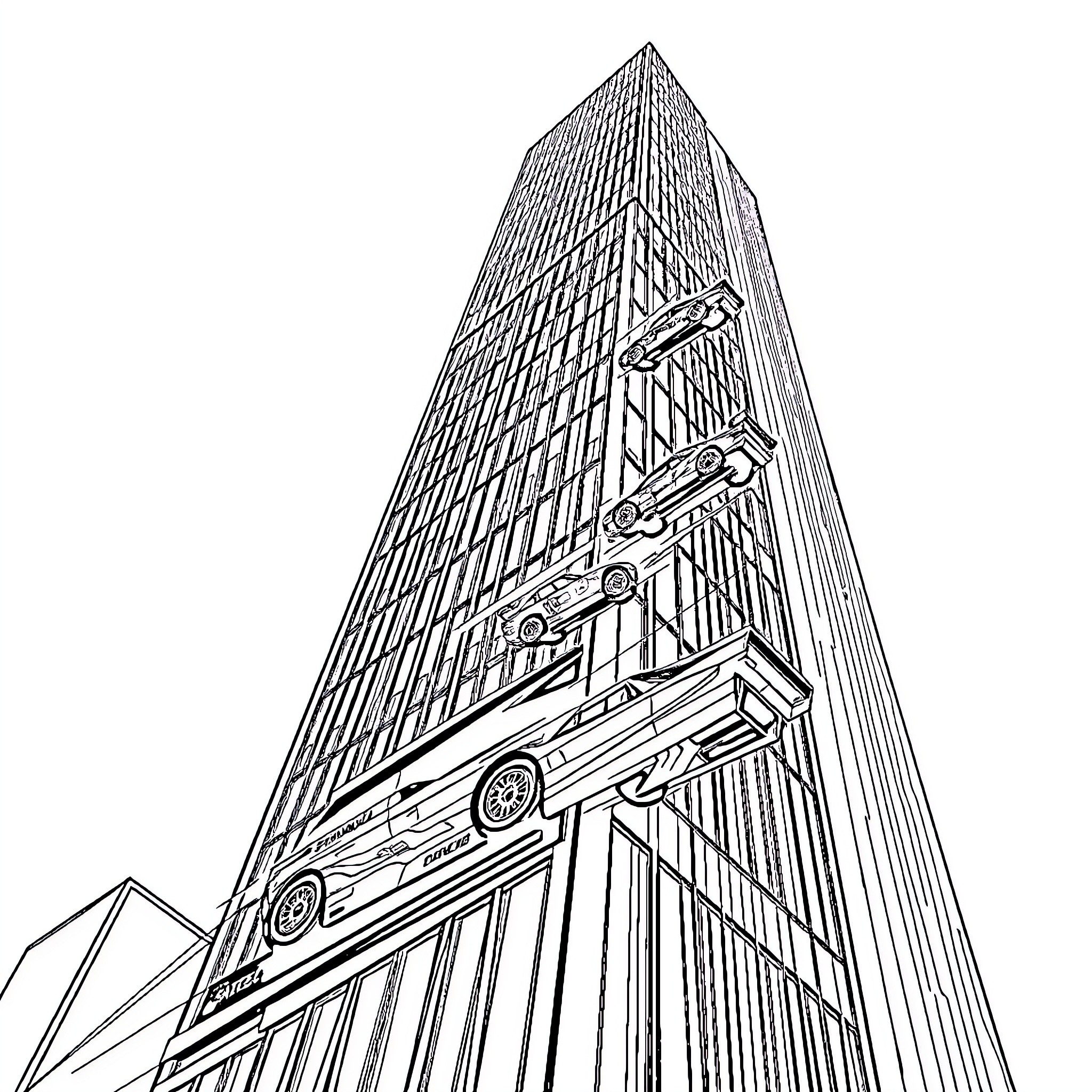 Racecar speeds upwards towards skyscraper Coloring Page (free black-and-white line drawing printable PDF for all, from beginners to advanced learners, including children, teens, adults, and seniors)
