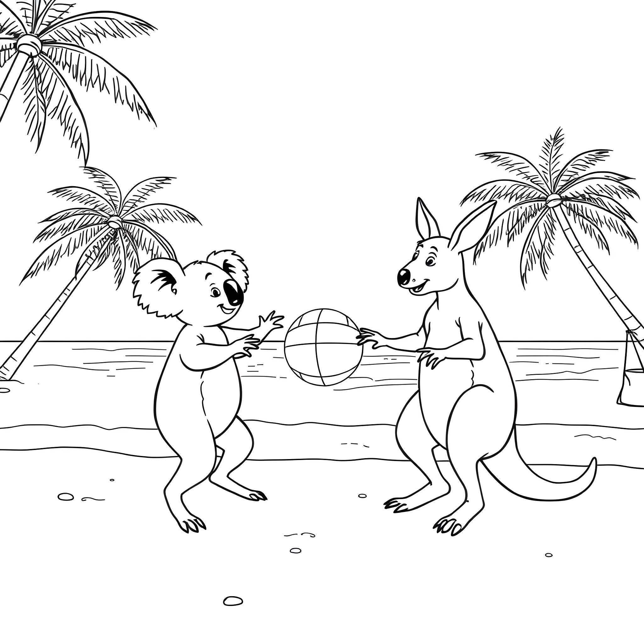 Koalas playing with beach ball on tropical beach Coloring Page (free black-and-white line drawing printable PDF for all, from beginners to advanced learners, including children, teens, adults, and seniors)