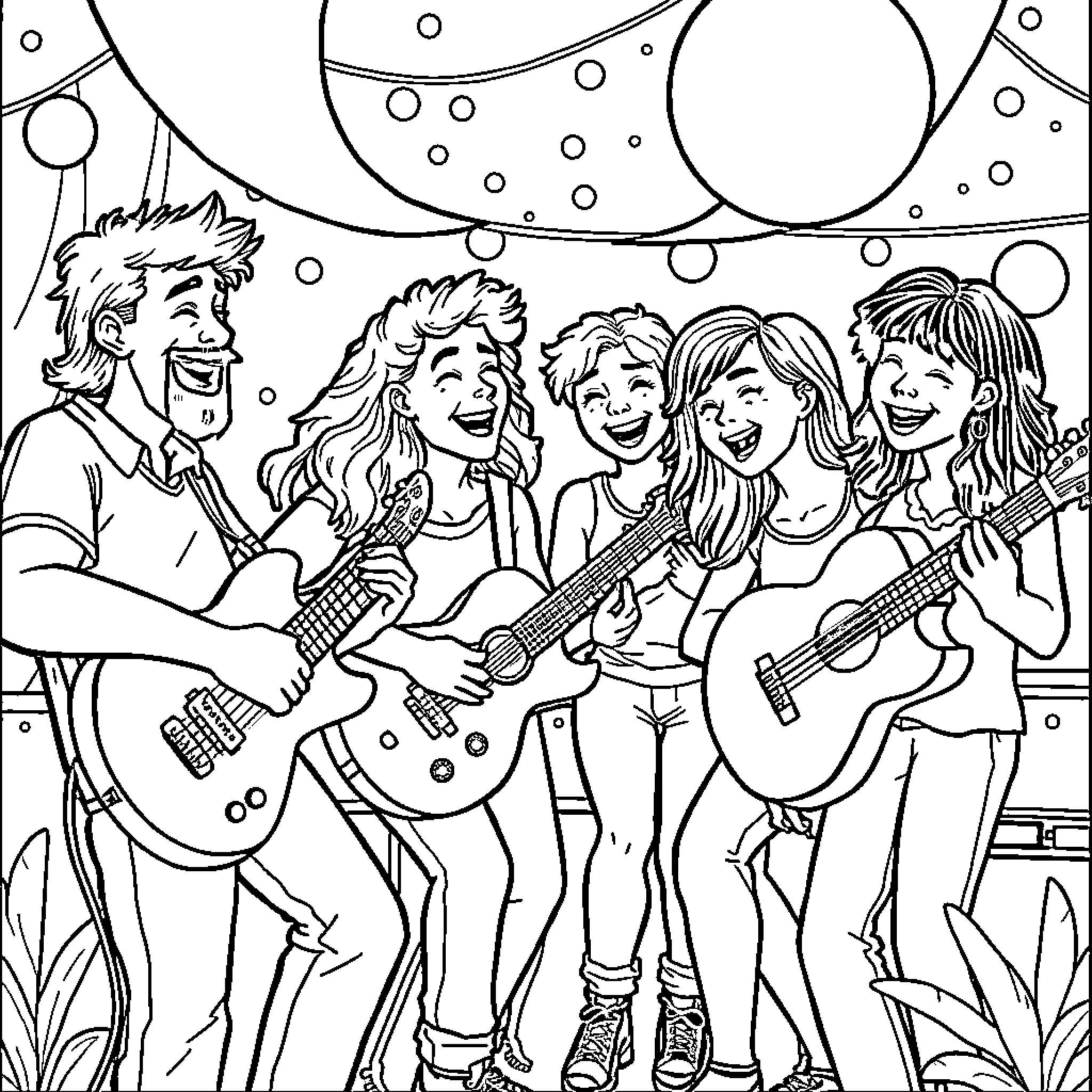Guitar friends rock out in colorful scene Coloring Page (free black-and-white line drawing printable PDF for all, from beginners to advanced learners, including children, teens, adults, and seniors)