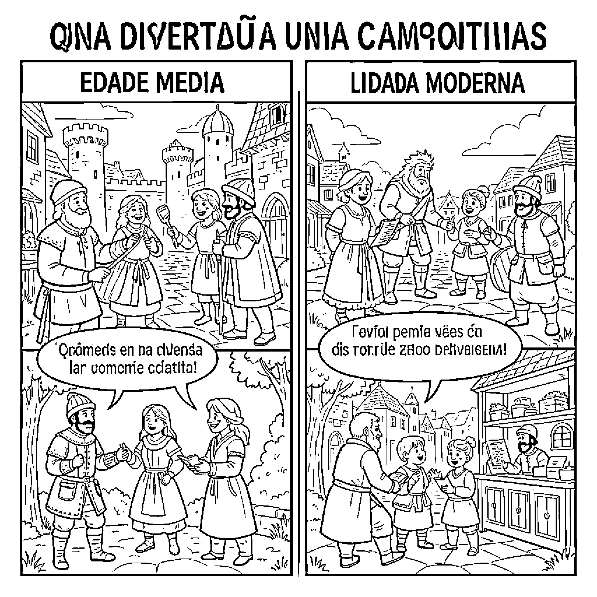 Comic Contrasting Old and Modern Campesino Lifestyles Coloring Page (free black-and-white line drawing printable PDF for all, from beginners to advanced learners, including children, teens, adults, and seniors)