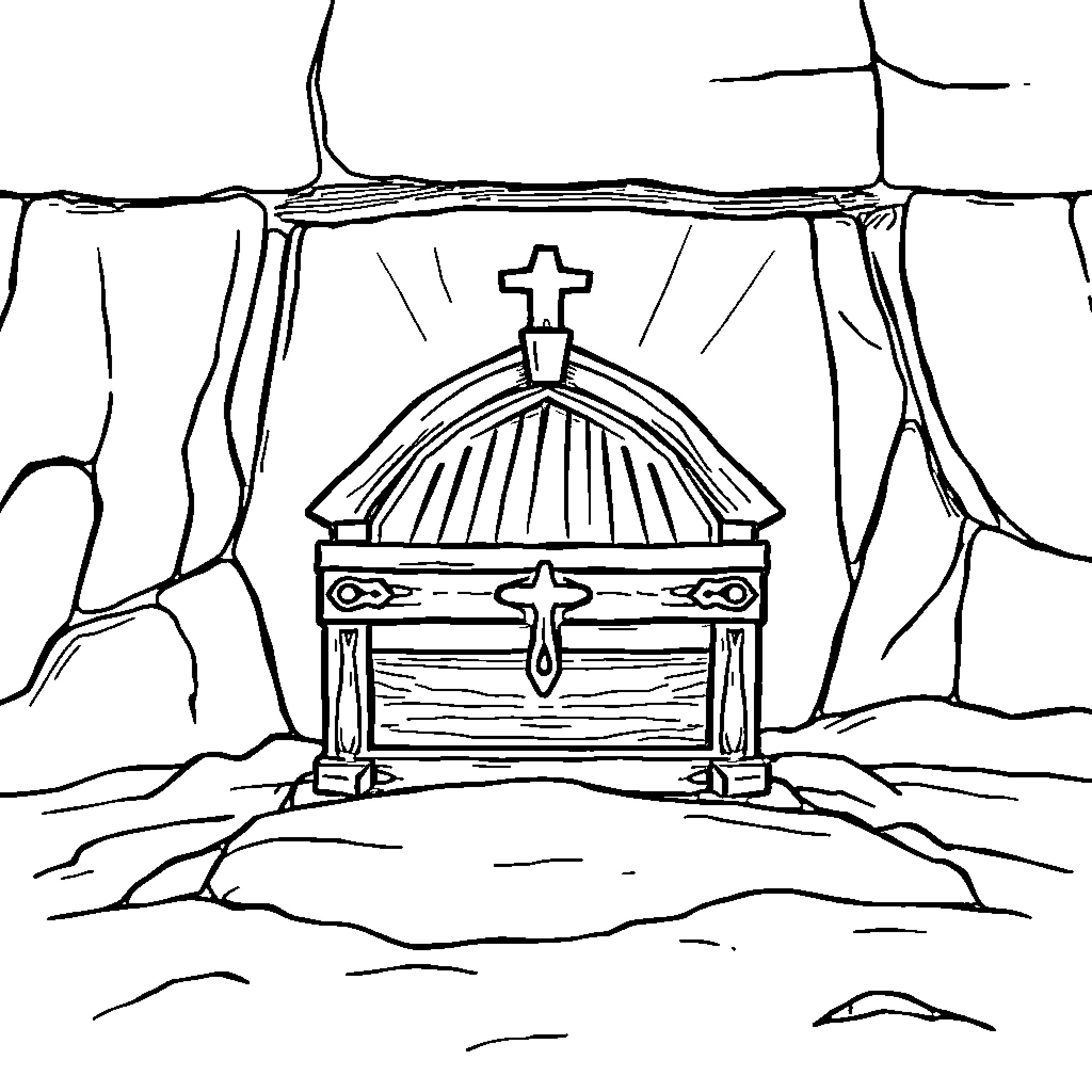 Arc of the Covenant in Cavernous Setting Coloring Page (free black-and-white line drawing printable PDF for all, from beginners to advanced learners, including children, teens, adults, and seniors)