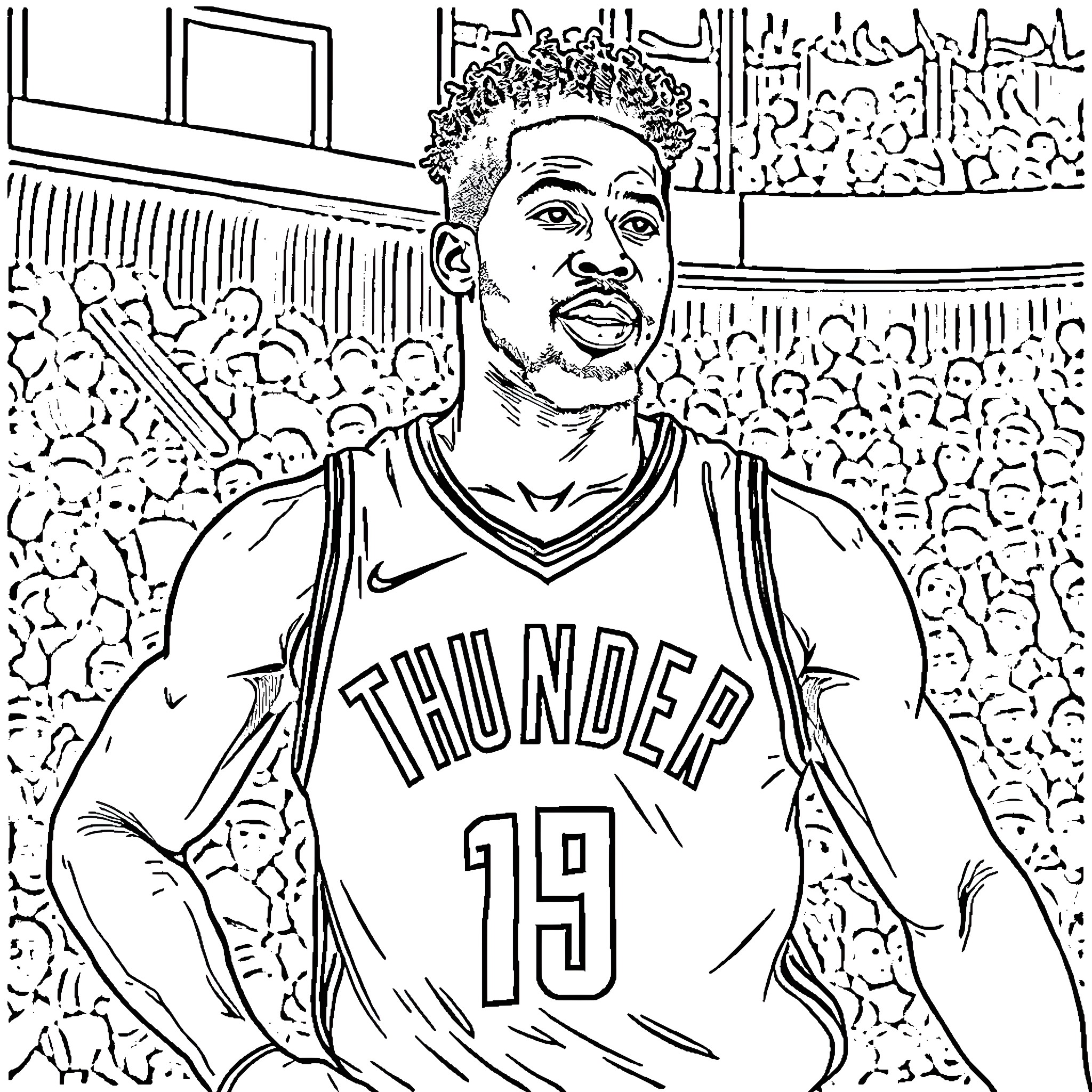 Jalen Williams in Basketball Action on the Court Coloring Page (free black-and-white line drawing printable PDF for all, from beginners to advanced learners, including children, teens, adults, and seniors)