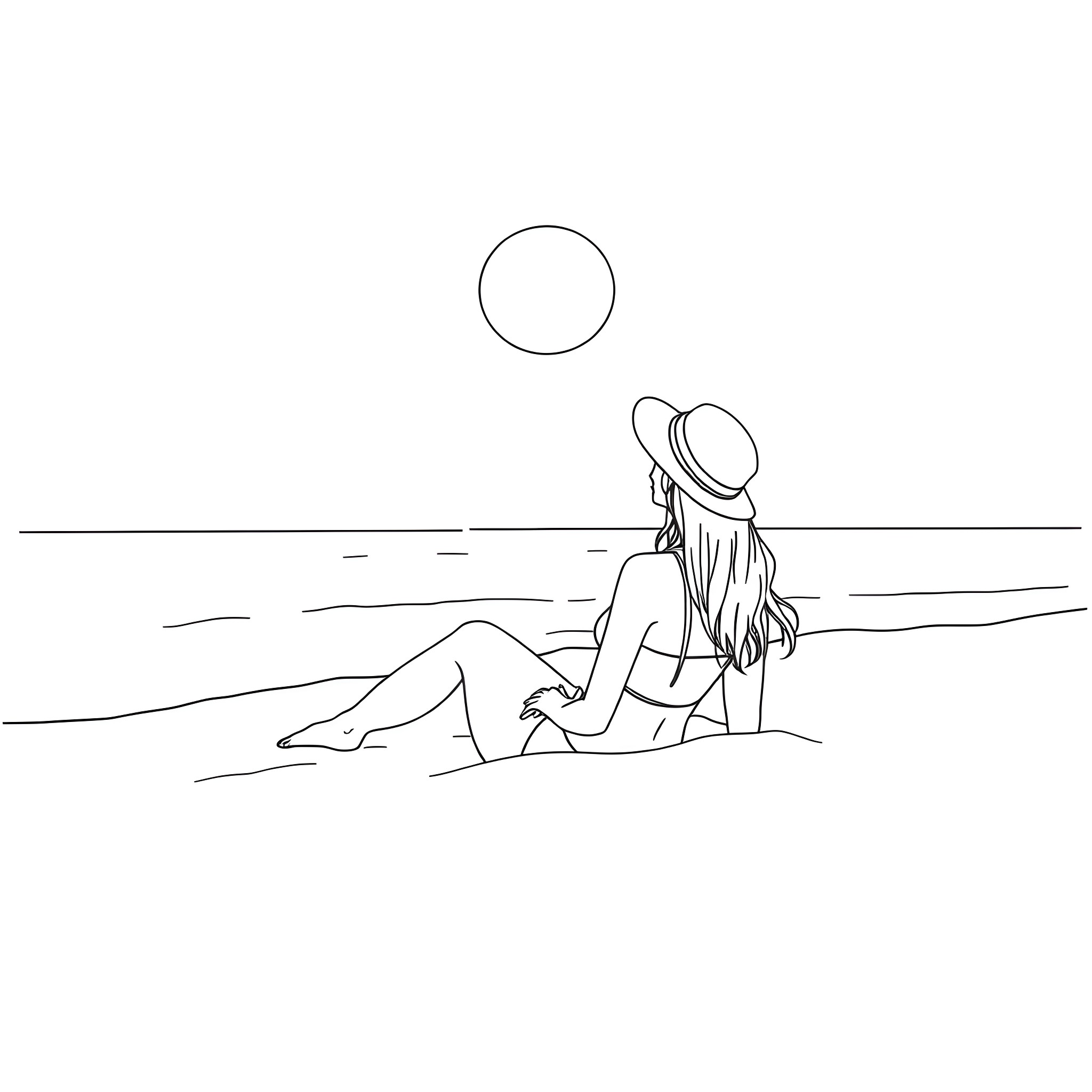 Woman relaxing on the beach under the sun Coloring Page (free black-and-white line drawing printable PDF for all, from beginners to advanced learners, including children, teens, adults, and seniors)