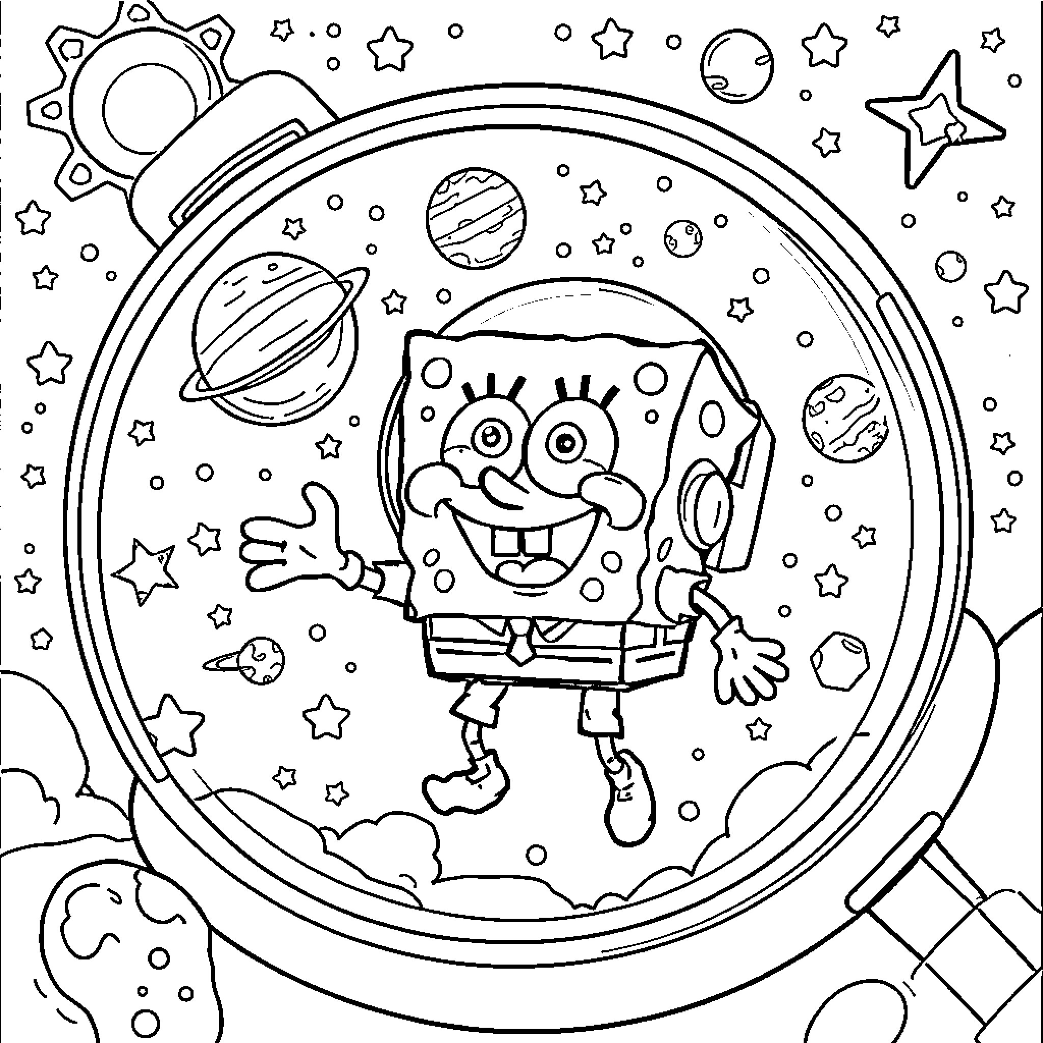 Spongebob exploring the cosmic galaxy Coloring Page (free black-and-white line drawing printable PDF for all, from beginners to advanced learners, including children, teens, adults, and seniors)