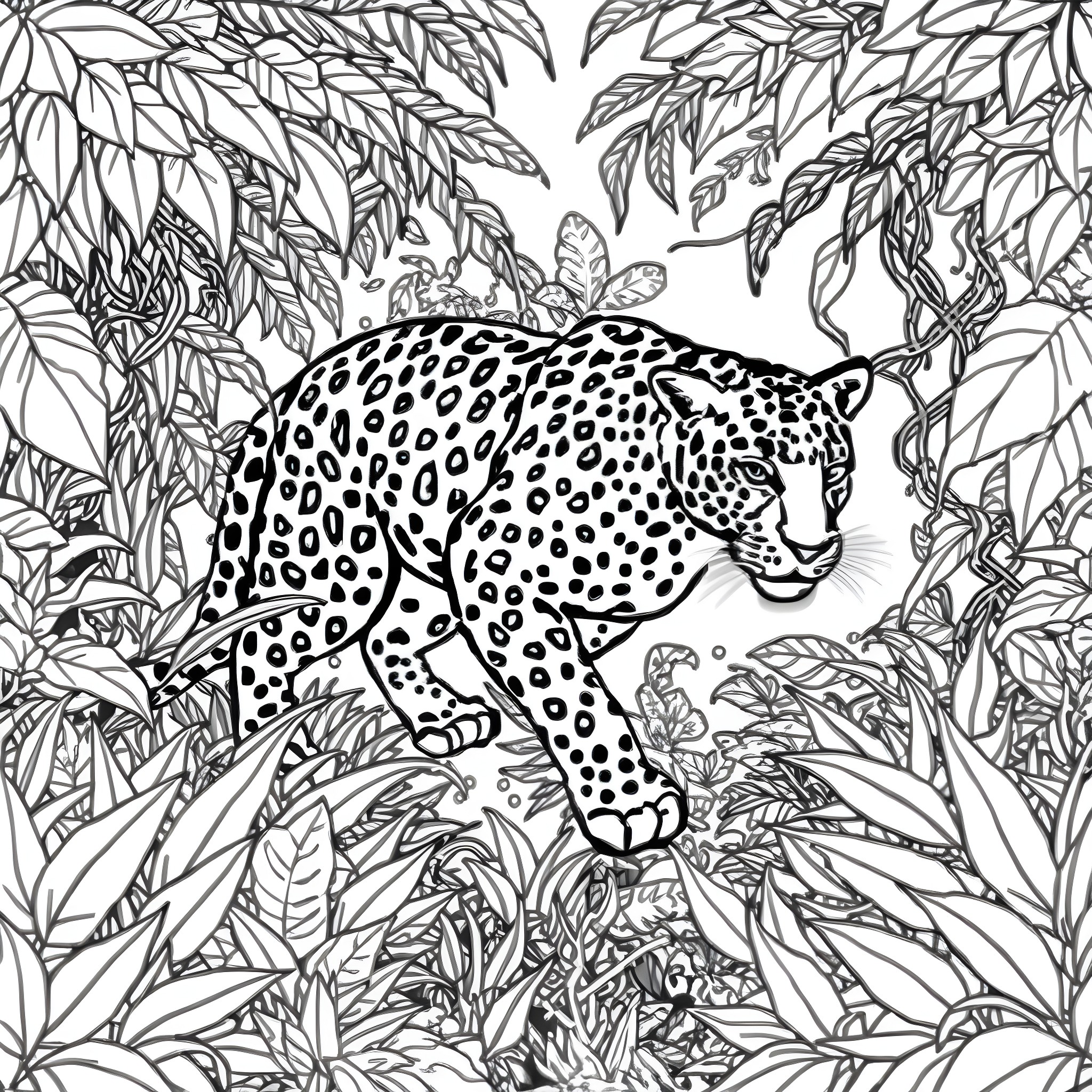 Jaguar prowling through lush tropical foliage Coloring Page (free black-and-white line drawing printable PDF for all, from beginners to advanced learners, including children, teens, adults, and seniors)
