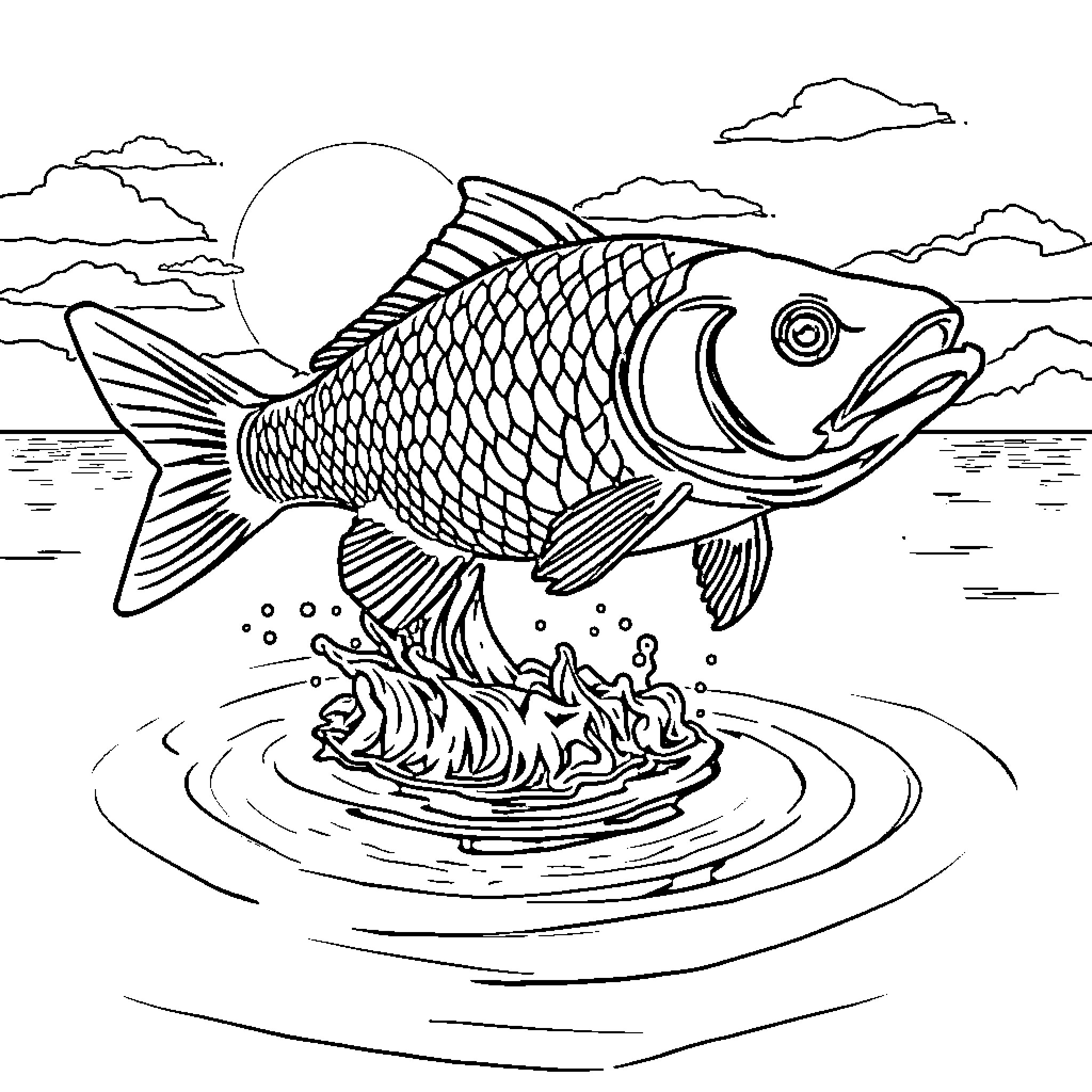 Carp swimming gracefully in tranquil waters Coloring Page (free black-and-white line drawing printable PDF for all, from beginners to advanced learners, including children, teens, adults, and seniors)