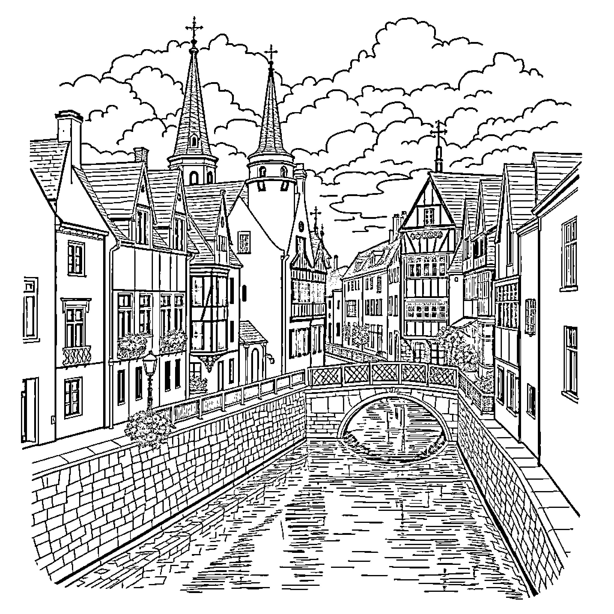 Amiens: Historic Buildings and Bridges in an Idyllic Setting Coloring Page (free black-and-white line drawing printable PDF for all, from beginners to advanced learners, including children, teens, adults, and seniors)