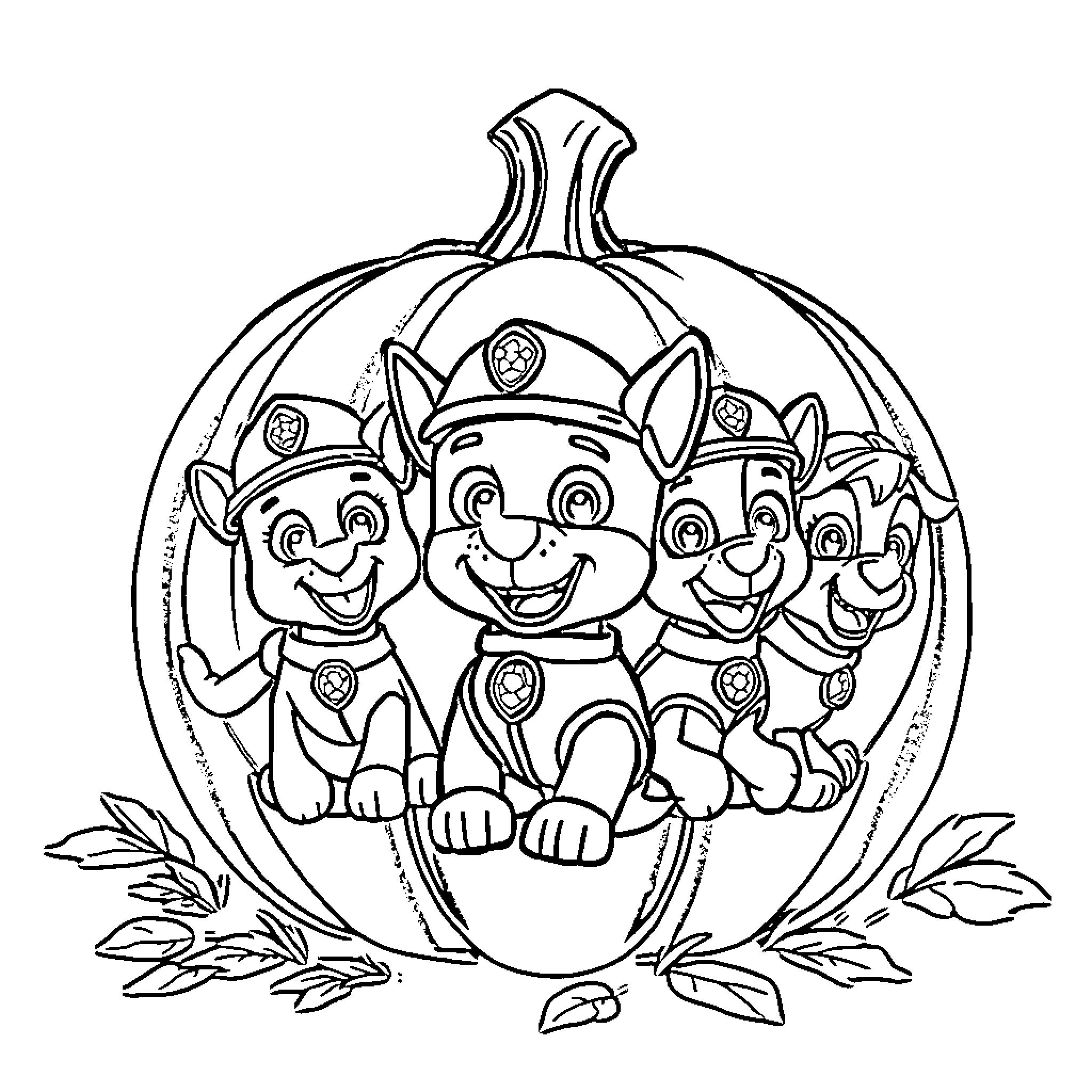 Pumpkin with pups in Halloween costumes Coloring Page (free black-and-white line drawing printable PDF for all, from beginners to advanced learners, including children, teens, adults, and seniors)