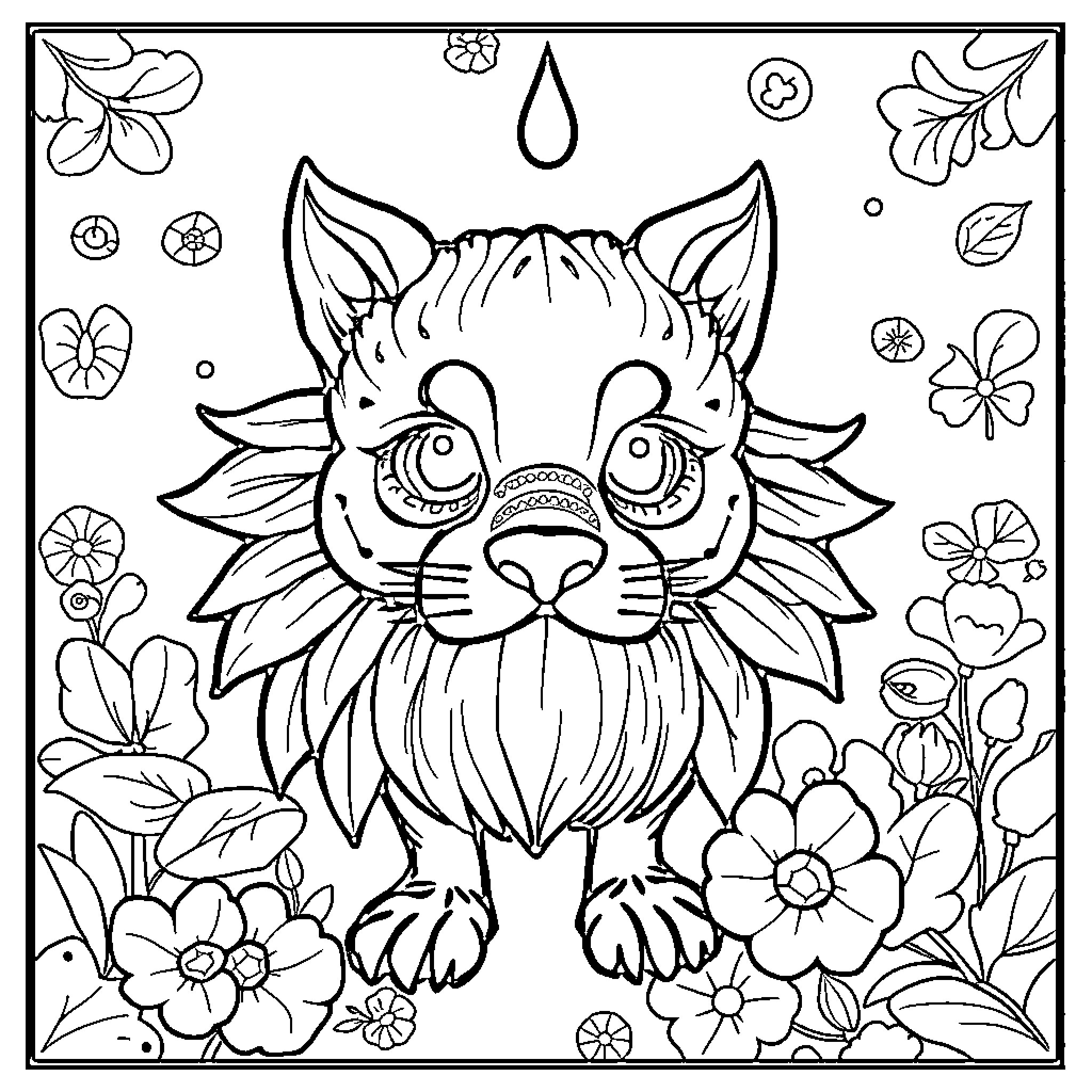 Idea of a Curious Feline in a Floral Field Coloring Page (free black-and-white line drawing printable PDF for all, from beginners to advanced learners, including children, teens, adults, and seniors)