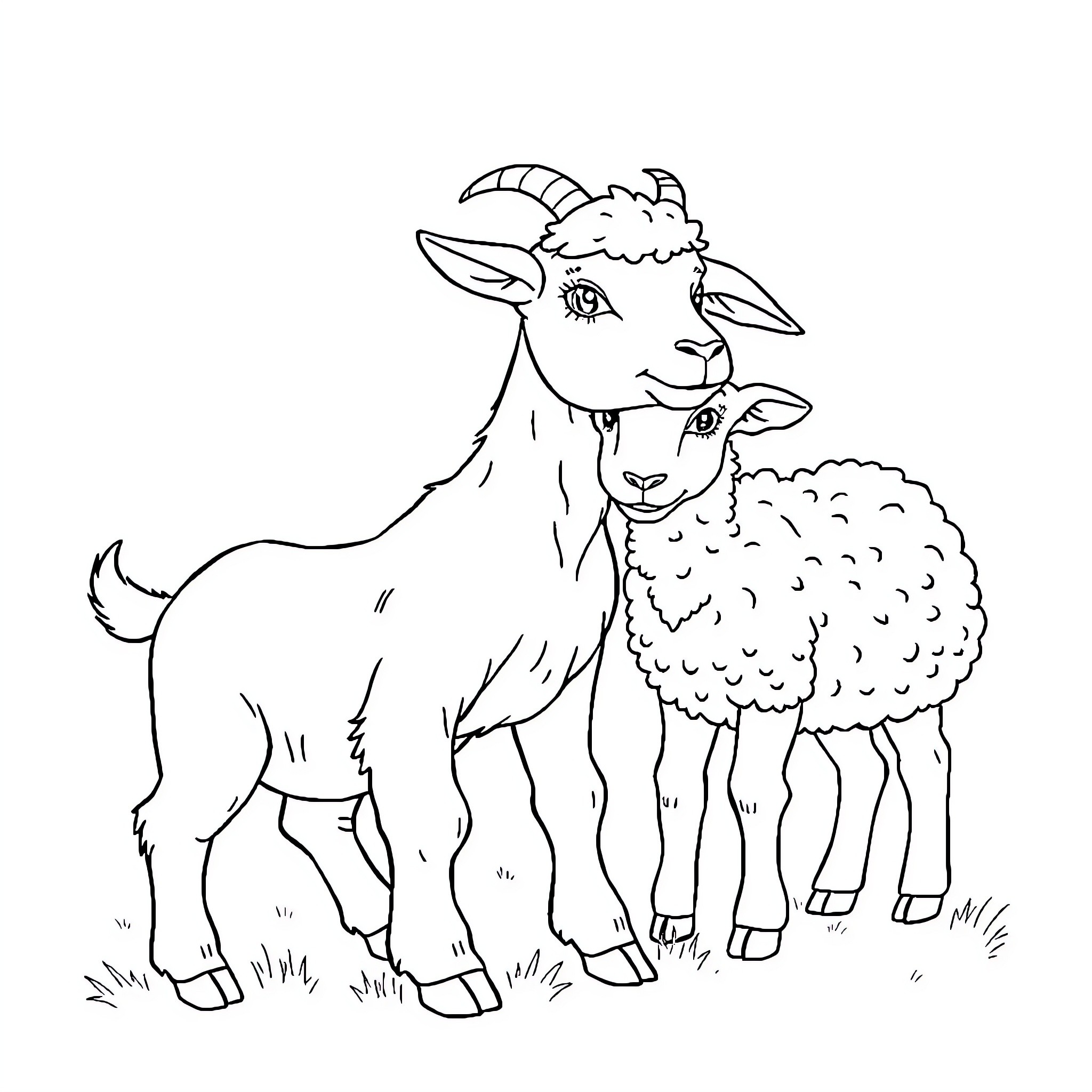 Pig vs Goat playing together on the farm Coloring Page (free black-and-white line drawing printable PDF for all, from beginners to advanced learners, including children, teens, adults, and seniors)