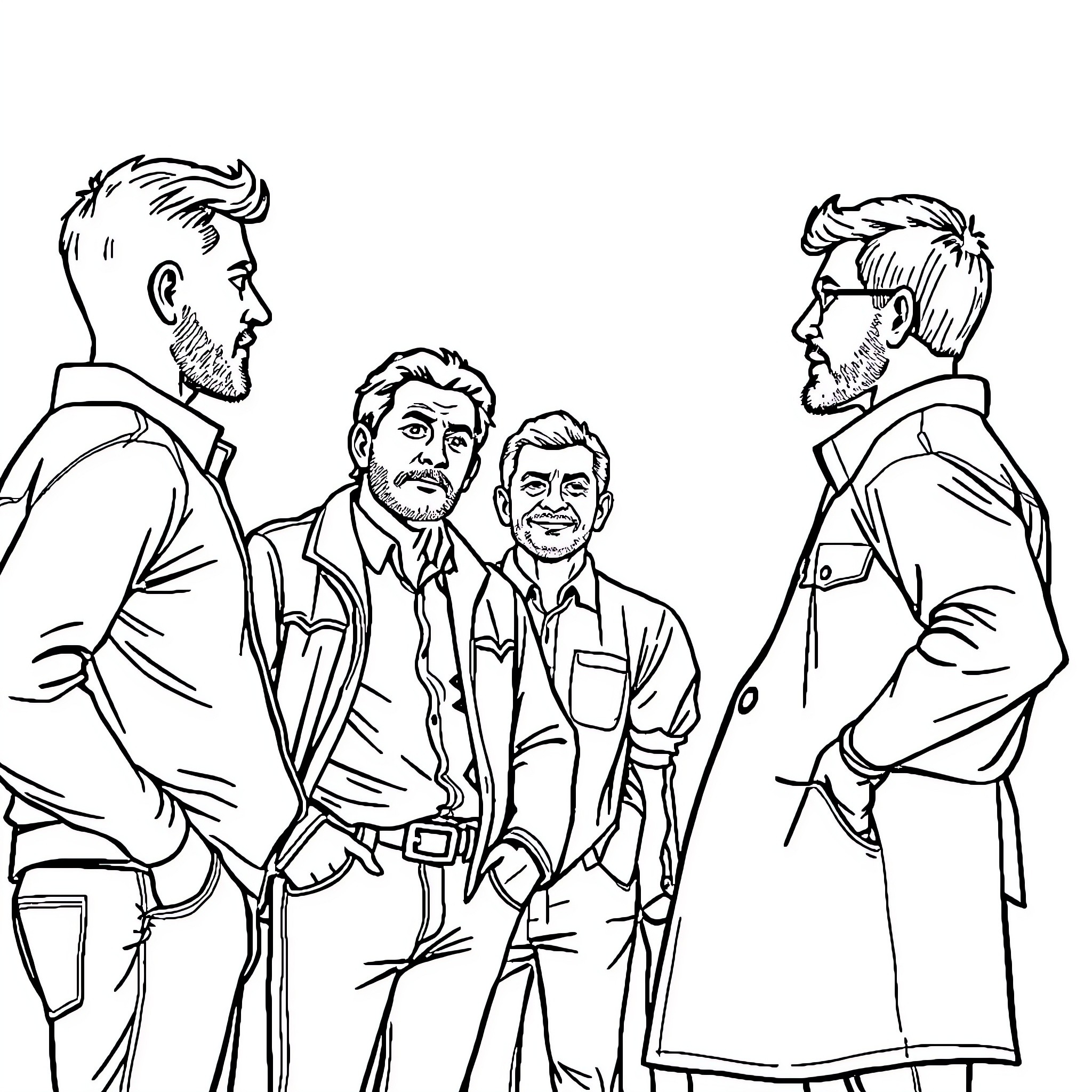 Men in Formal Attire Engaged in Conversation Coloring Page (free black-and-white line drawing printable PDF for all, from beginners to advanced learners, including children, teens, adults, and seniors)