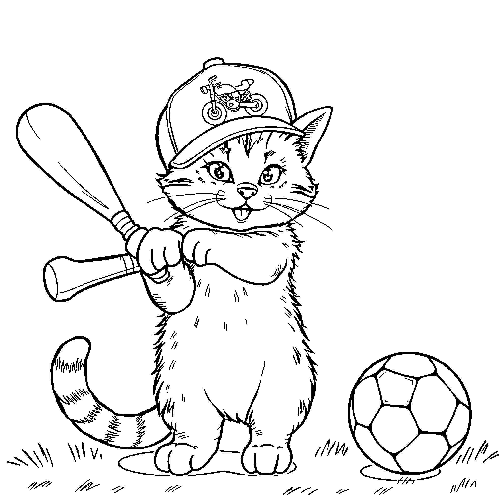 Cat in Sporting Gear with Sports Equipment Coloring Page (free black-and-white line drawing printable PDF for all, from beginners to advanced learners, including children, teens, adults, and seniors)