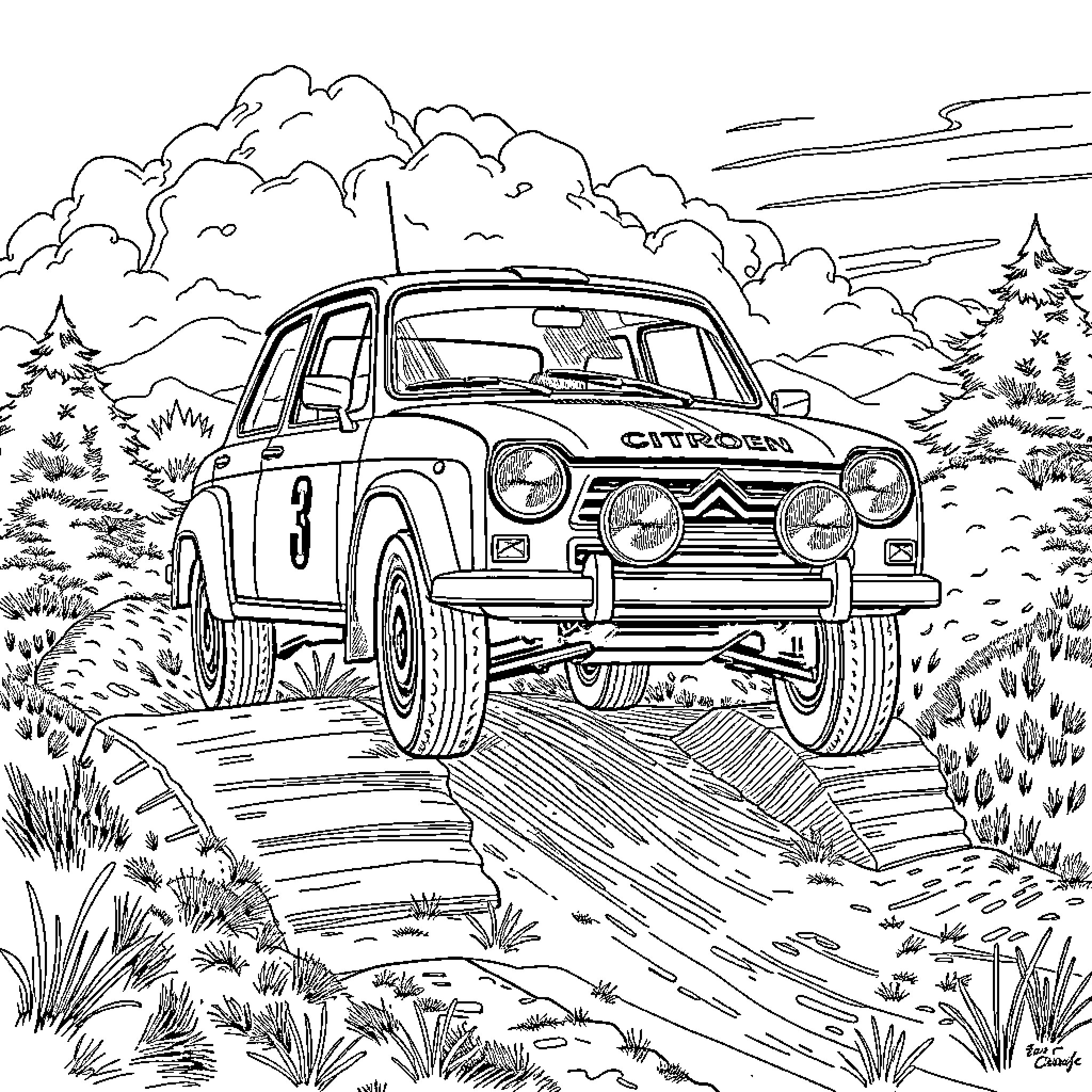 Citroen Rally Car Racing Through the Countryside Coloring Page (free black-and-white line drawing printable PDF for all, from beginners to advanced learners, including children, teens, adults, and seniors)