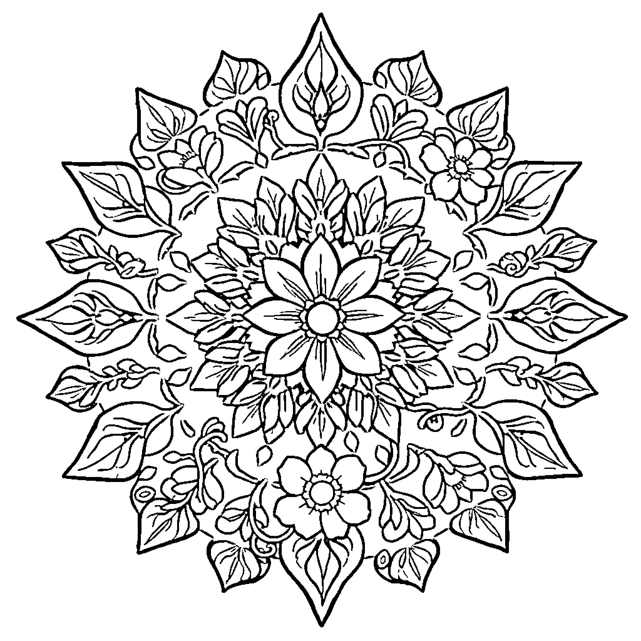 Mandala with intricate floral patterns Coloring Page (free black-and-white line drawing printable PDF for all, from beginners to advanced learners, including children, teens, adults, and seniors)