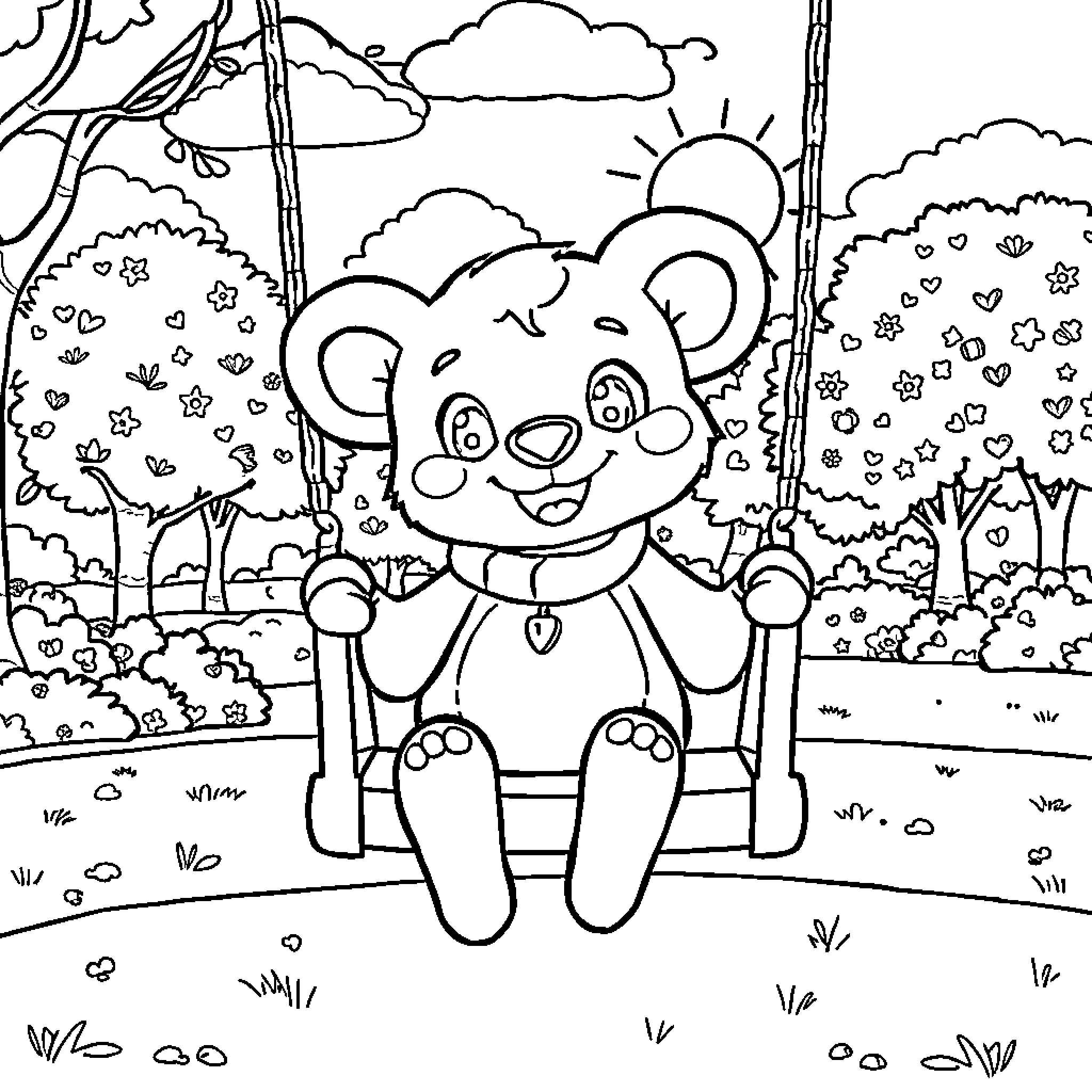 Labubu enjoys a sunny day on the swing Coloring Page (free black-and-white line drawing printable PDF for all, from beginners to advanced learners, including children, teens, adults, and seniors)