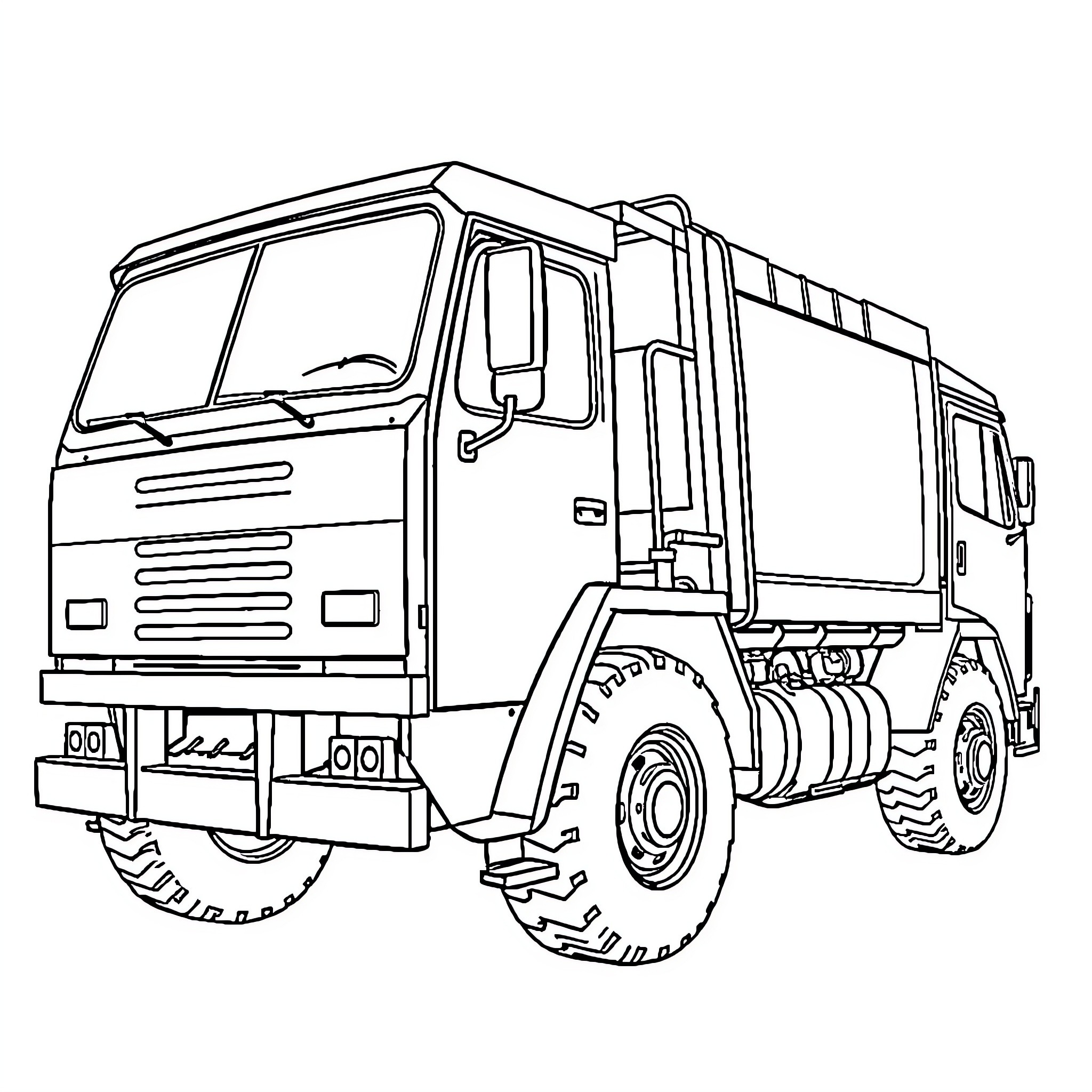Garbage Truck Transporting Waste in Urban Setting Coloring Page (free black-and-white line drawing printable PDF for all, from beginners to advanced learners, including children, teens, adults, and seniors)