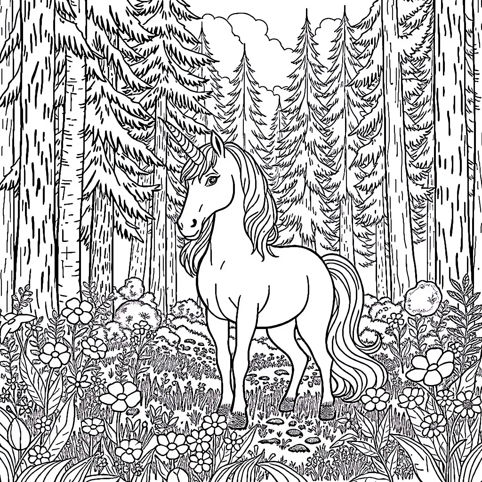 Unicorn amidst magical forest landscape Coloring Page (free black-and-white line drawing printable PDF for all, from beginners to advanced learners, including children, teens, adults, and seniors)