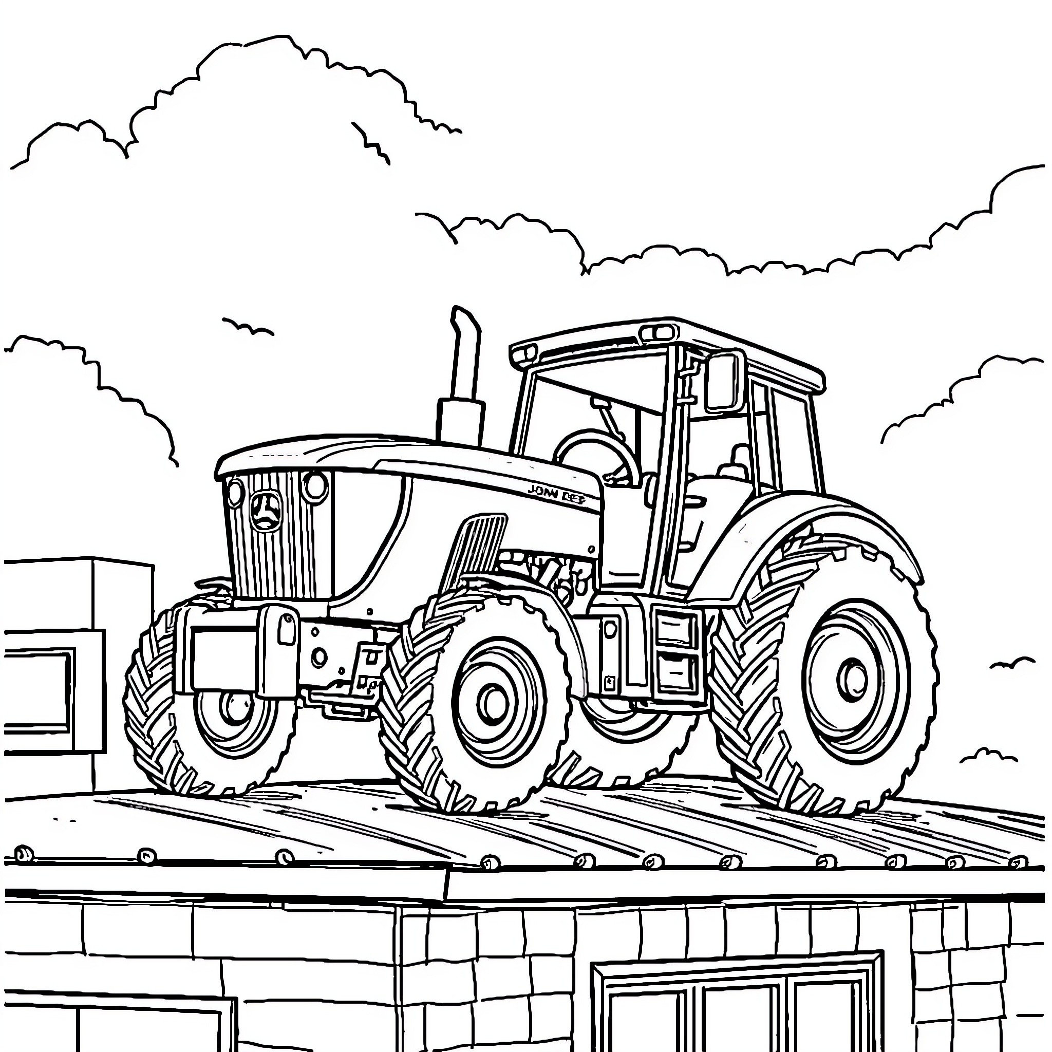 John Deer tractor working on the farm Coloring Page (free black-and-white line drawing printable PDF for all, from beginners to advanced learners, including children, teens, adults, and seniors)