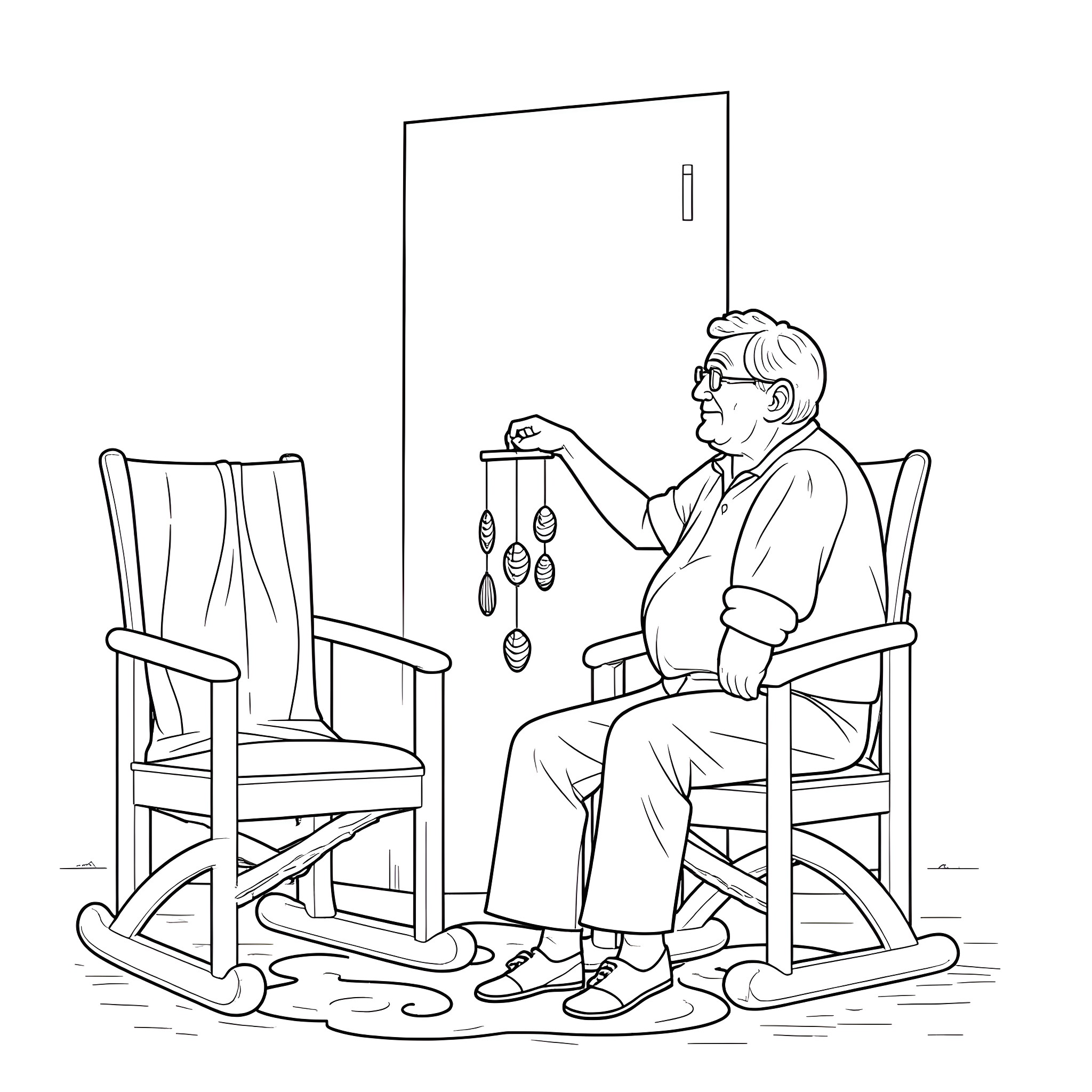 Grandpa admiring his collection of decorative pendants Coloring Page (free black-and-white line drawing printable PDF for all, from beginners to advanced learners, including children, teens, adults, and seniors)