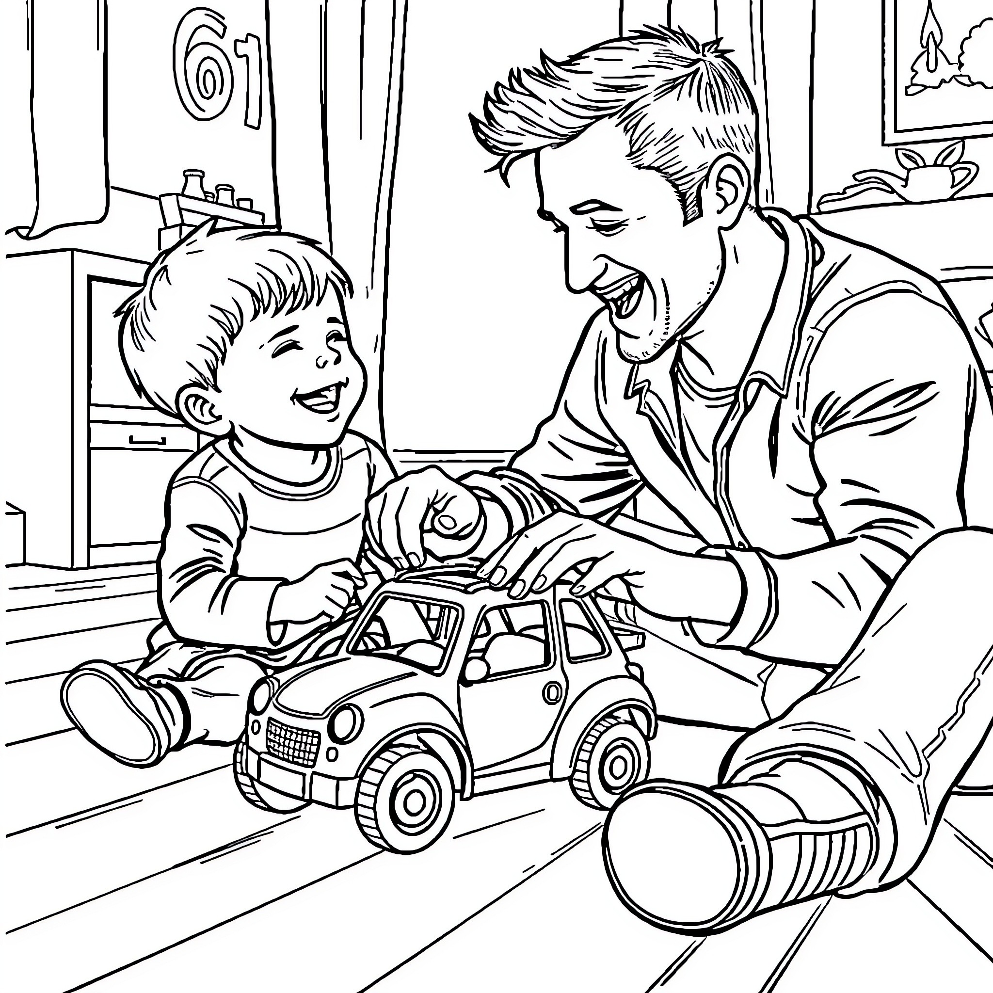 Man Plays Happily with Child and Toy Car Coloring Page (free black-and-white line drawing printable PDF for all, from beginners to advanced learners, including children, teens, adults, and seniors)