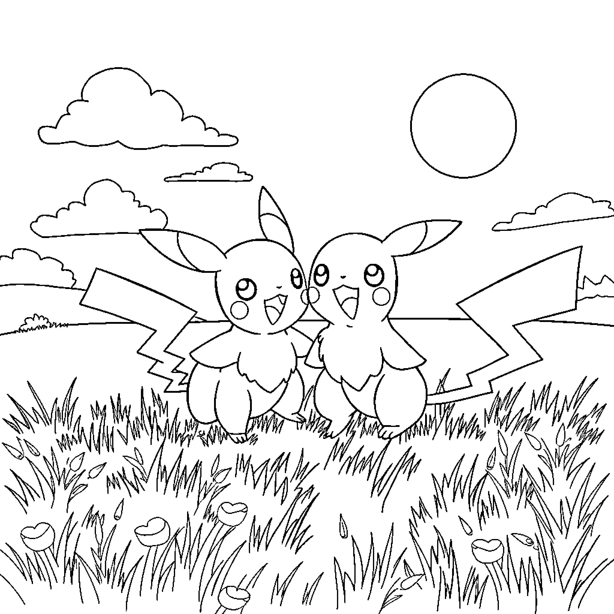 Pokémon Pikachu friends in the meadow Coloring Page (free black-and-white line drawing printable PDF for all, from beginners to advanced learners, including children, teens, adults, and seniors)
