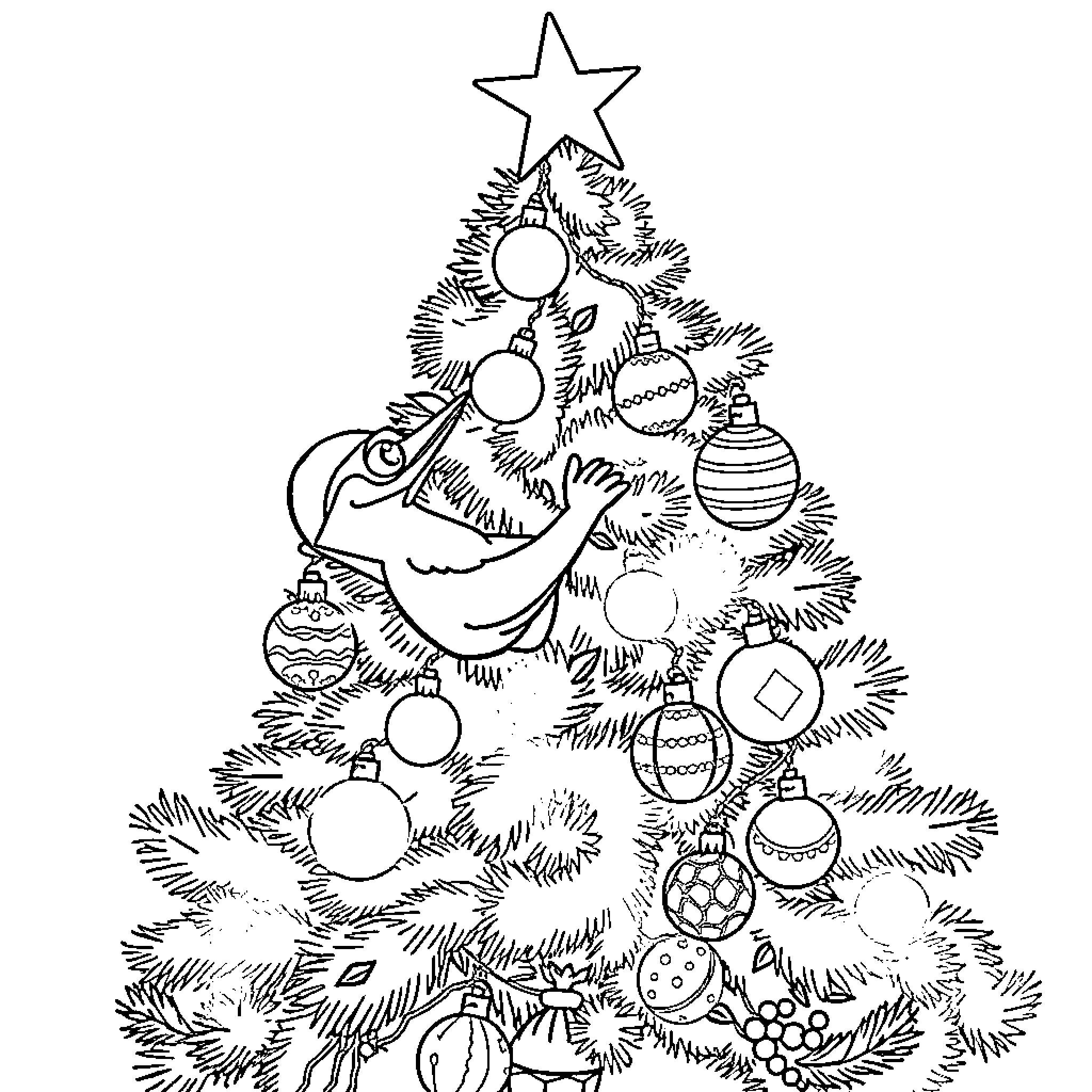 Woody Woodpecker decorating a festive Christmas tree Coloring Page (free black-and-white line drawing printable PDF for all, from beginners to advanced learners, including children, teens, adults, and seniors)