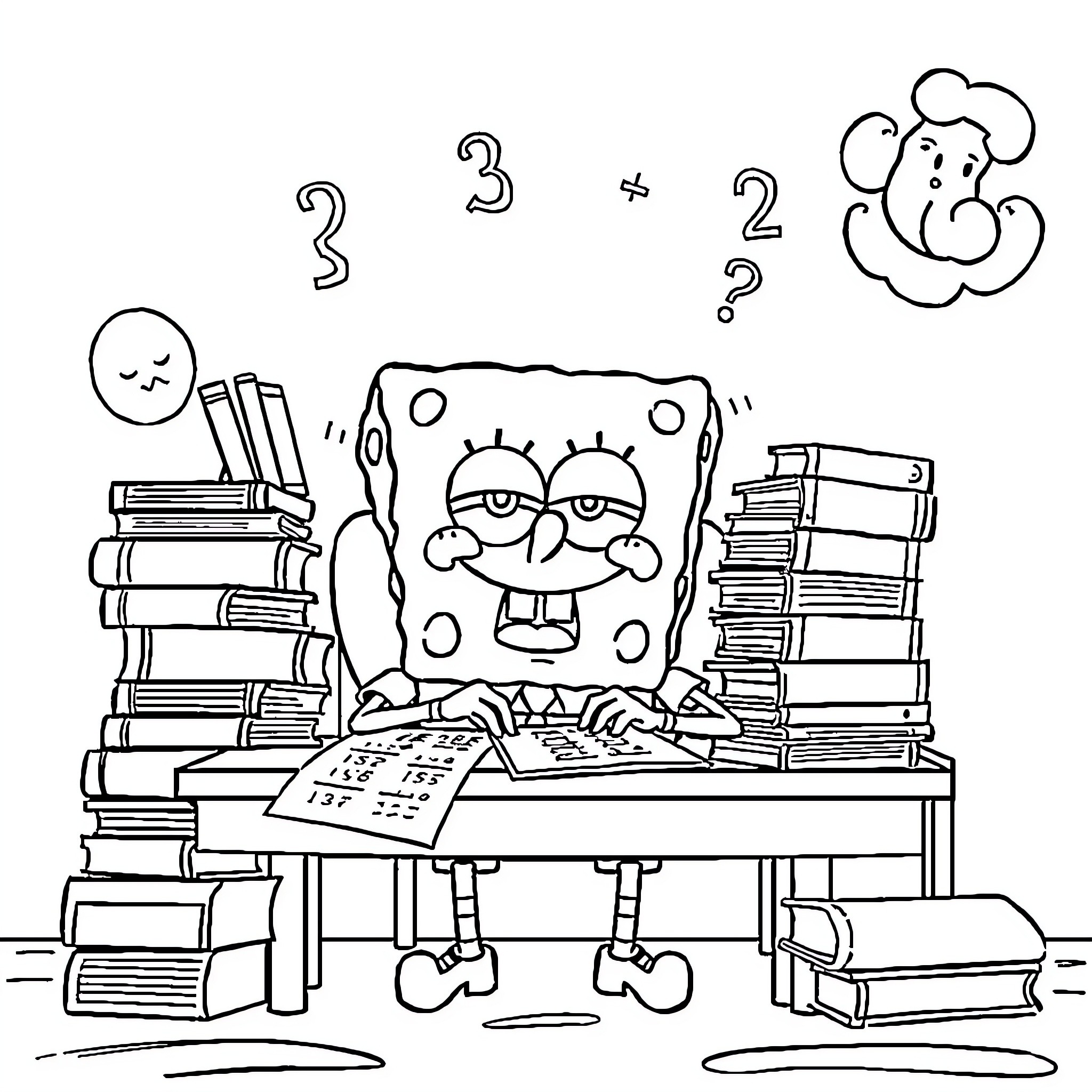 Spongebob Studying Surrounded by Books and Numbers Coloring Page (free black-and-white line drawing printable PDF for all, from beginners to advanced learners, including children, teens, adults, and seniors)
