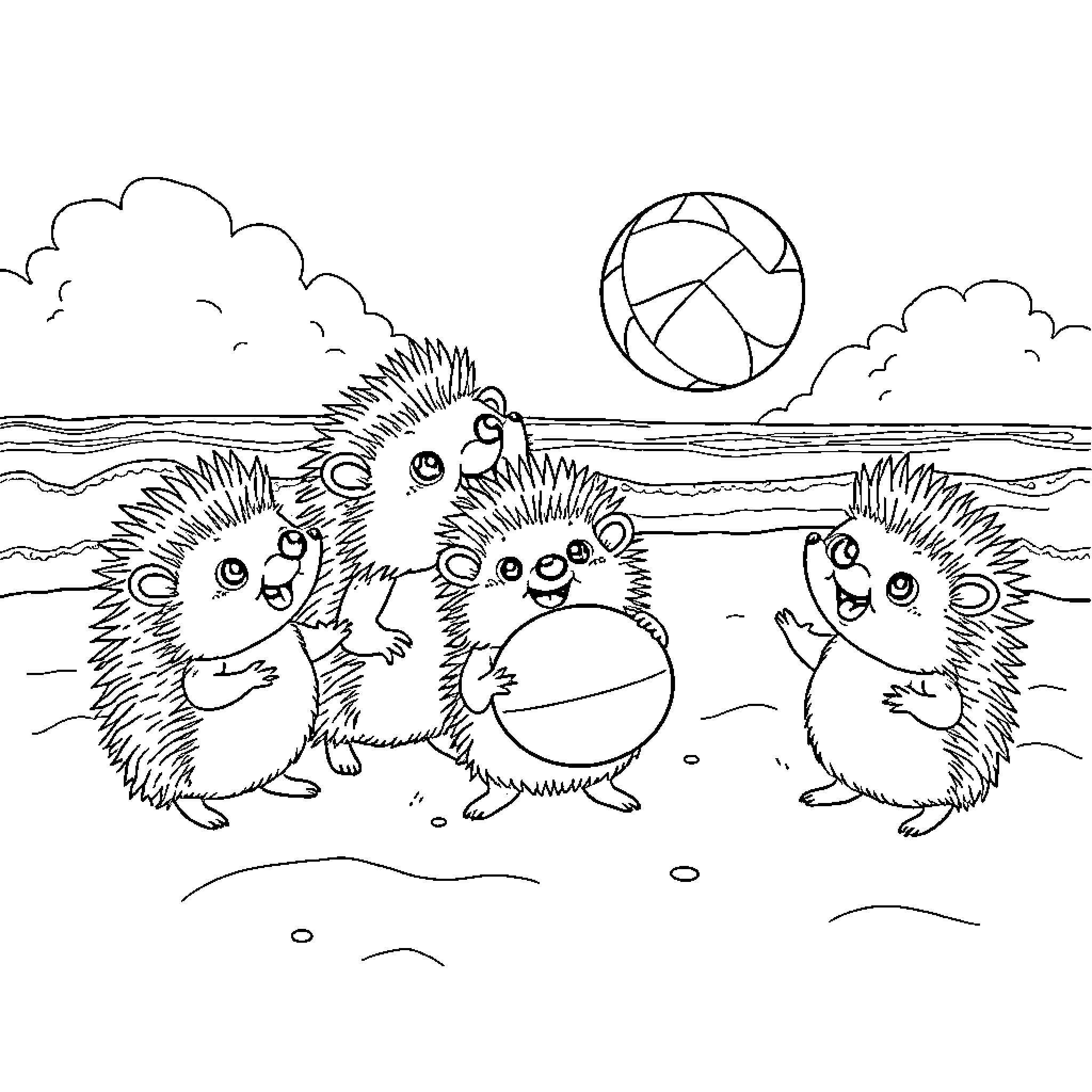 Hedgehogs playing joyfully on the beach Coloring Page (free black-and-white line drawing printable PDF for all, from beginners to advanced learners, including children, teens, adults, and seniors)