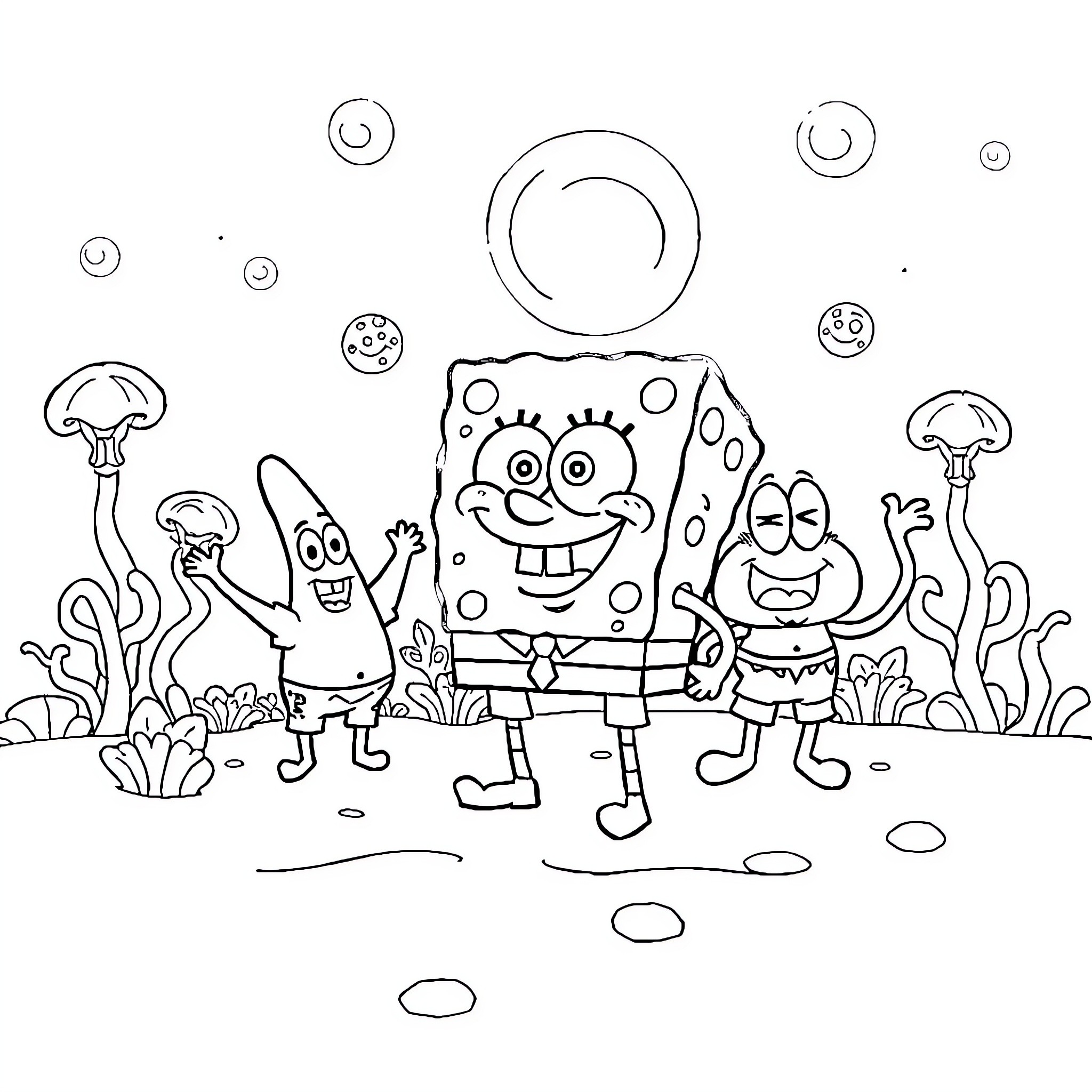 Spongebob and friends enjoying a whimsical underwater scene Coloring Page (free black-and-white line drawing printable PDF for all, from beginners to advanced learners, including children, teens, adults, and seniors)