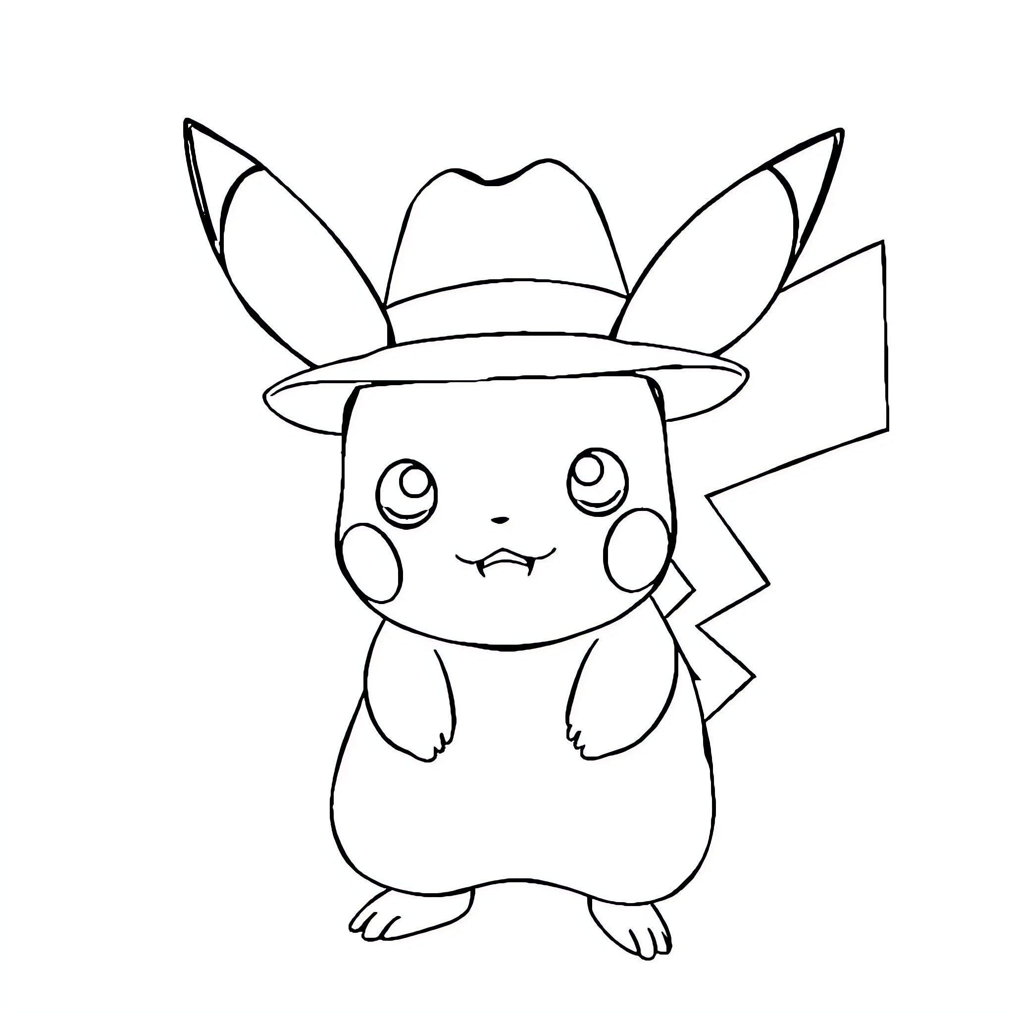 Pikachu wearing a cowboy hat Coloring Page (free black-and-white line drawing printable PDF for all, from beginners to advanced learners, including children, teens, adults, and seniors)