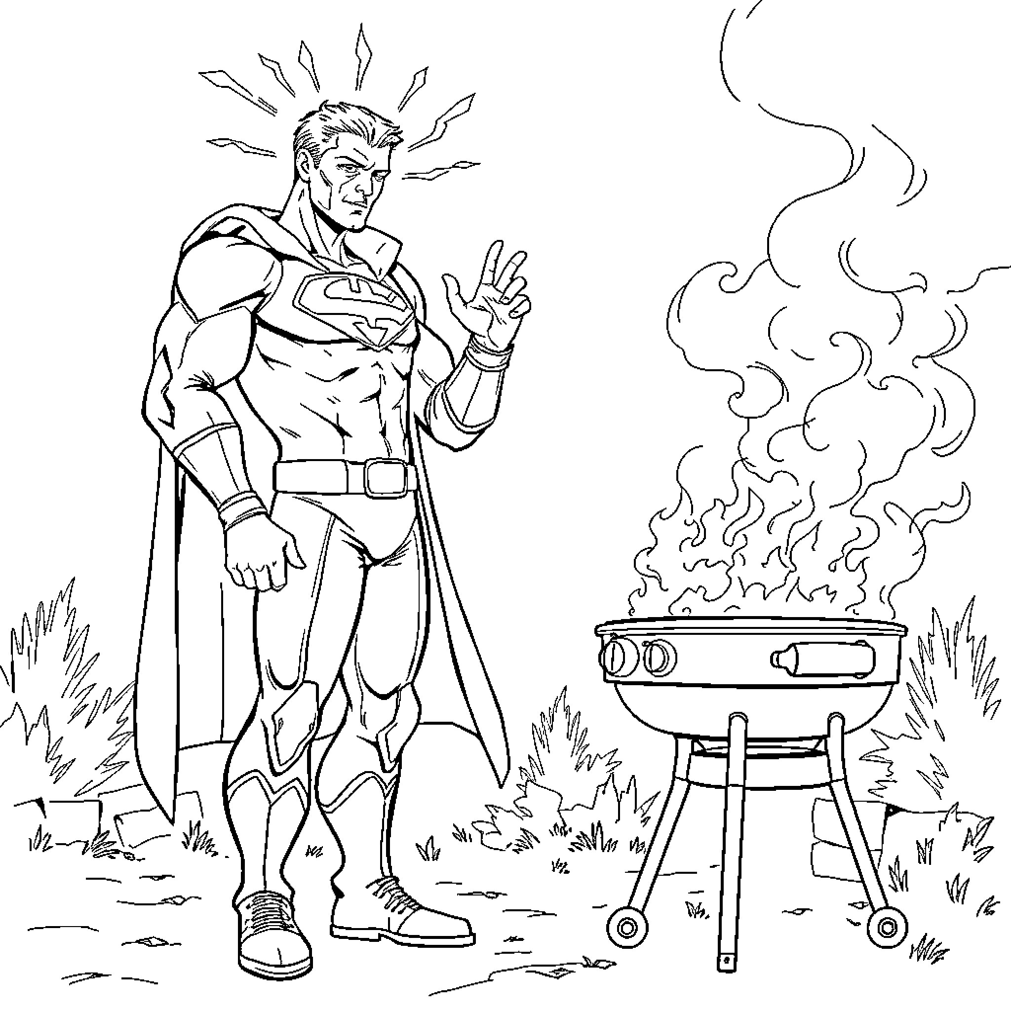 Superhero Grilling Outdoors with Confidence Coloring Page (free black-and-white line drawing printable PDF for all, from beginners to advanced learners, including children, teens, adults, and seniors)