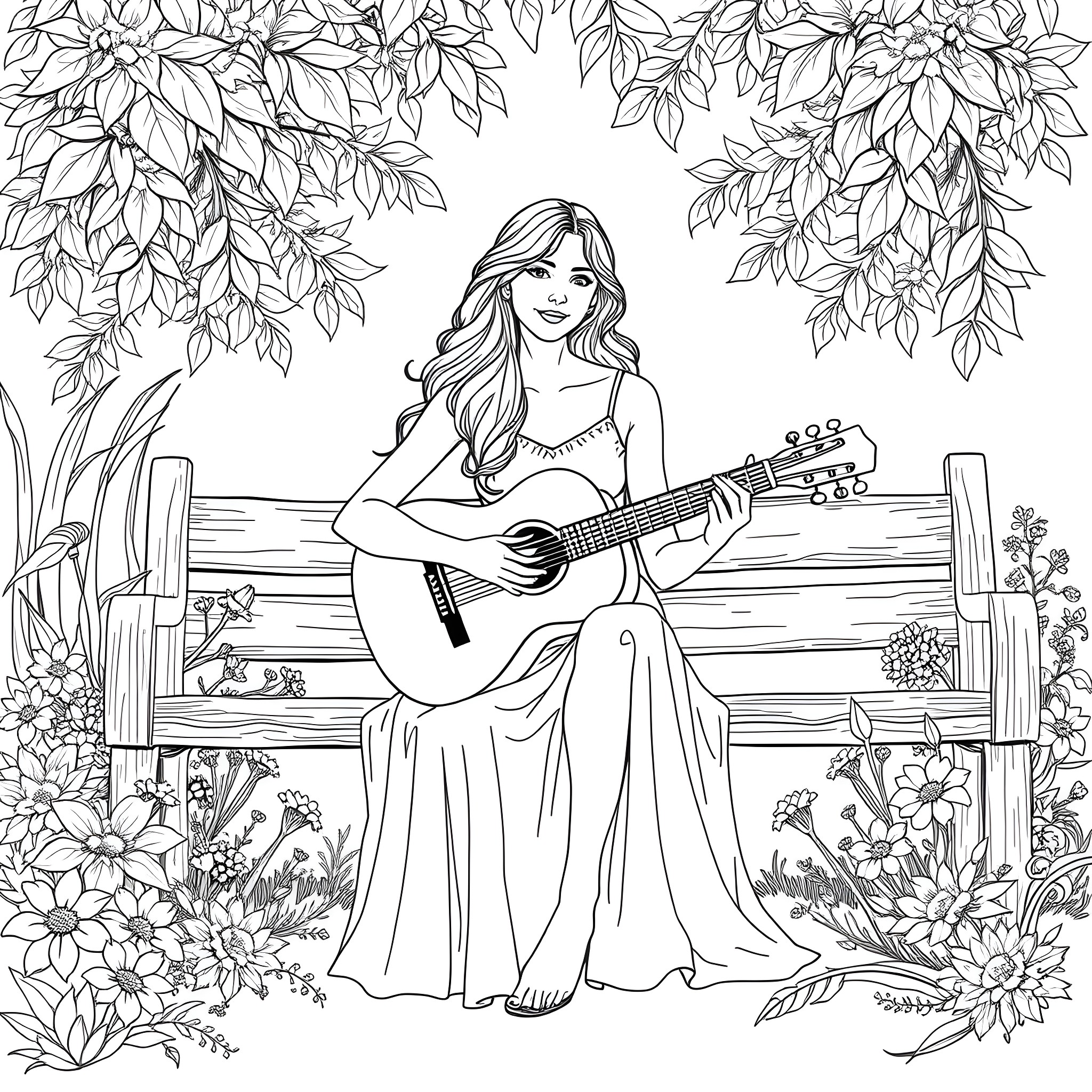 Woman playing guitar under the trees Coloring Page (free black-and-white line drawing printable PDF for all, from beginners to advanced learners, including children, teens, adults, and seniors)