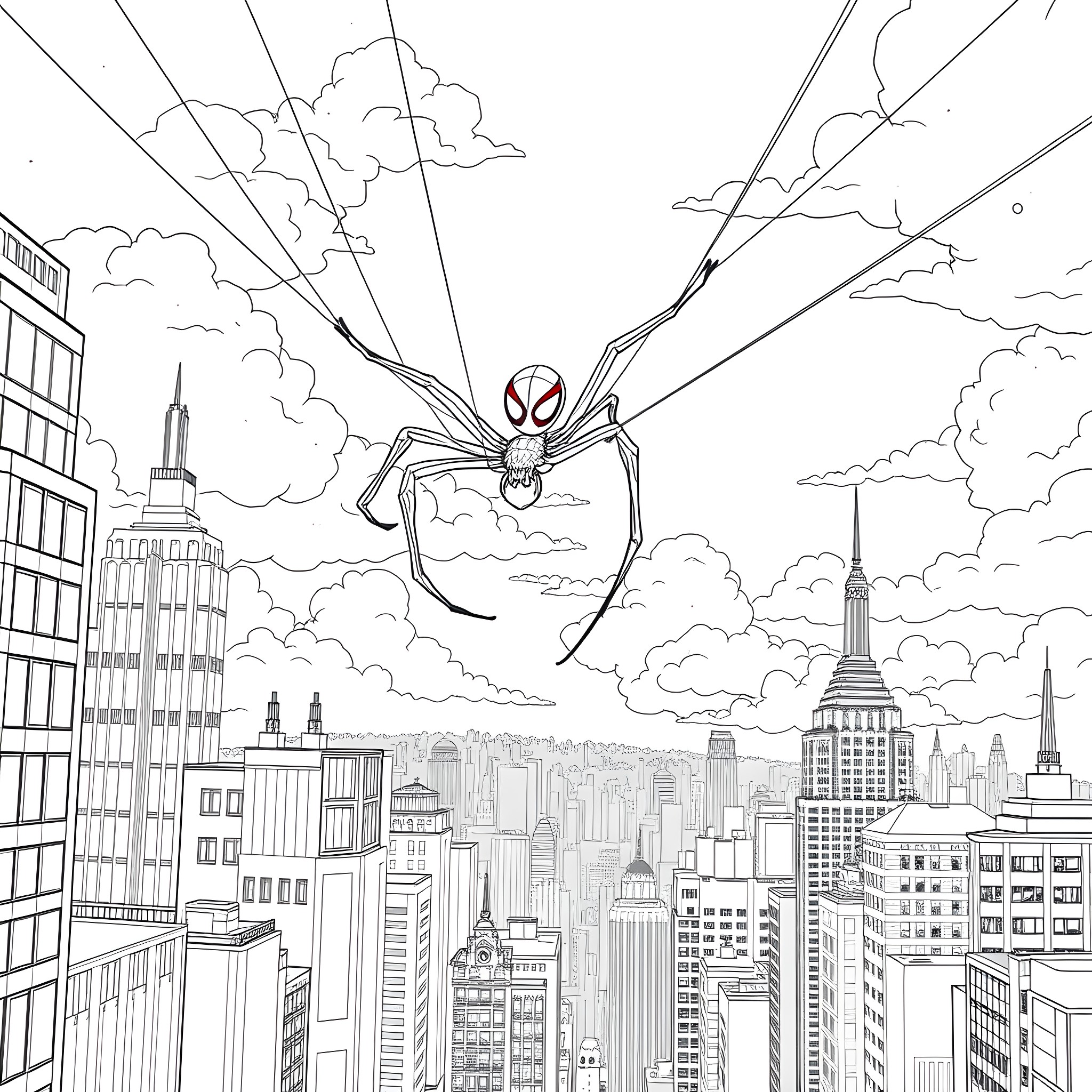 Ghost Spiderman swinging above the cityscape Coloring Page (free black-and-white line drawing printable PDF for all, from beginners to advanced learners, including children, teens, adults, and seniors)