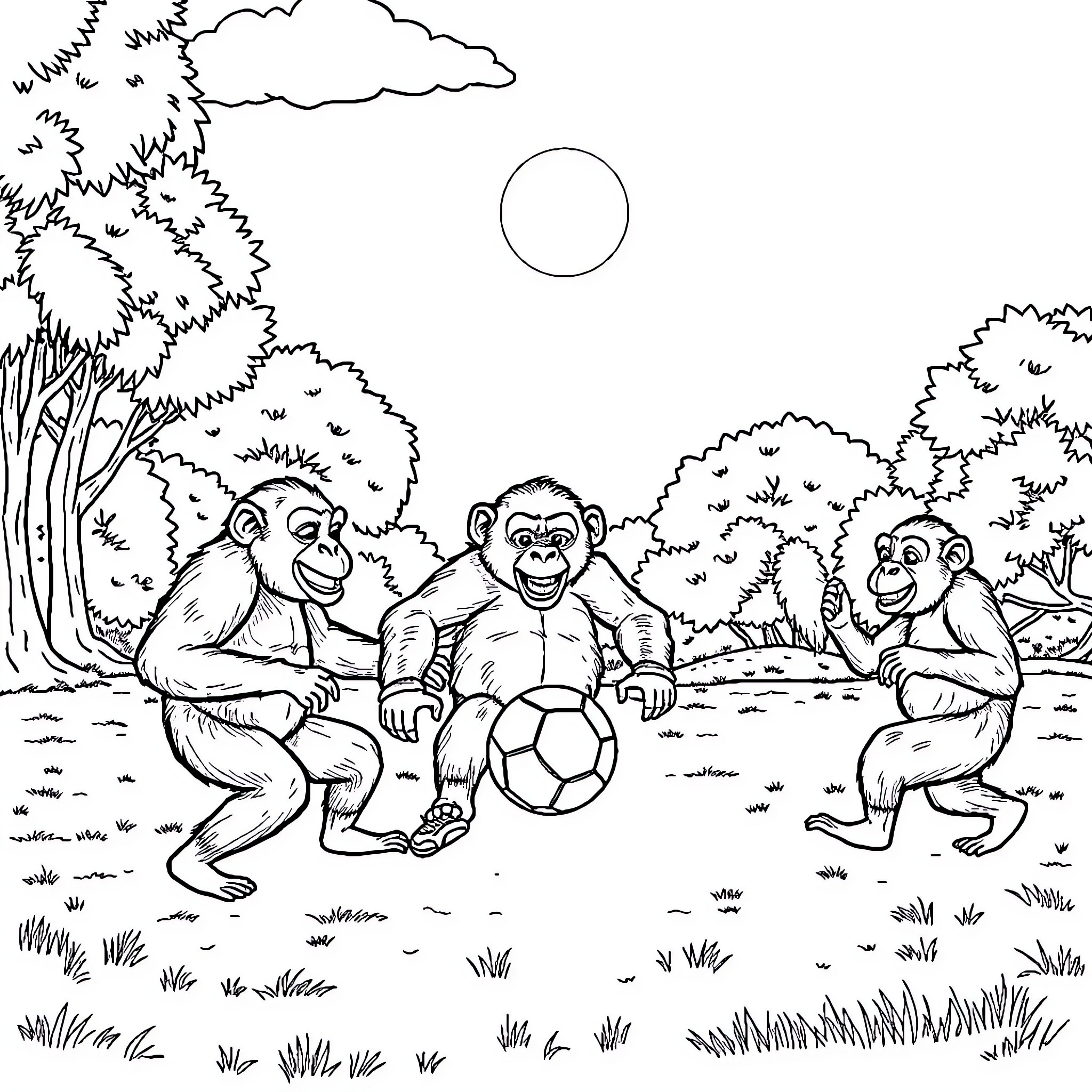 Ape trio playing with soccer ball in the park Coloring Page (free black-and-white line drawing printable PDF for all, from beginners to advanced learners, including children, teens, adults, and seniors)
