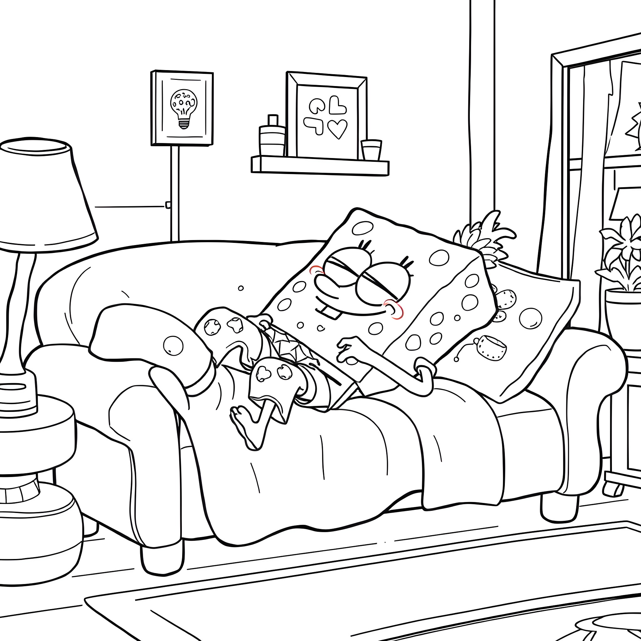 Spongebob relaxing comfortably on the couch Coloring Page (free black-and-white line drawing printable PDF for all, from beginners to advanced learners, including children, teens, adults, and seniors)