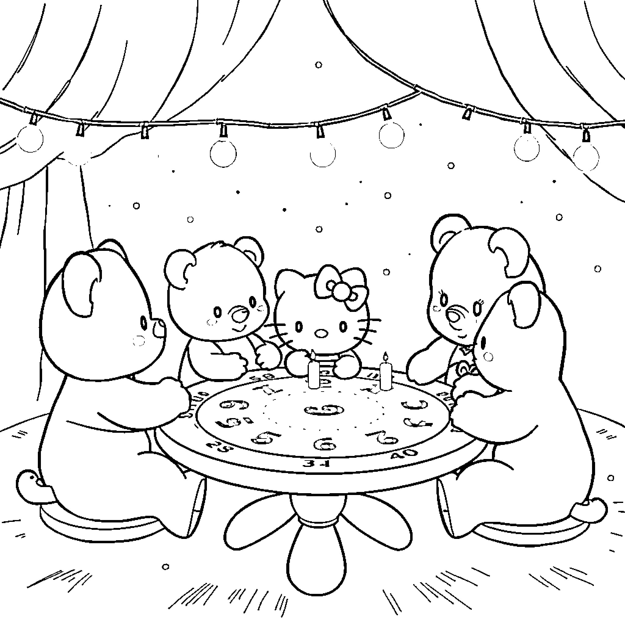 Carebears having a cozy tea party Coloring Page (free black-and-white line drawing printable PDF for all, from beginners to advanced learners, including children, teens, adults, and seniors)