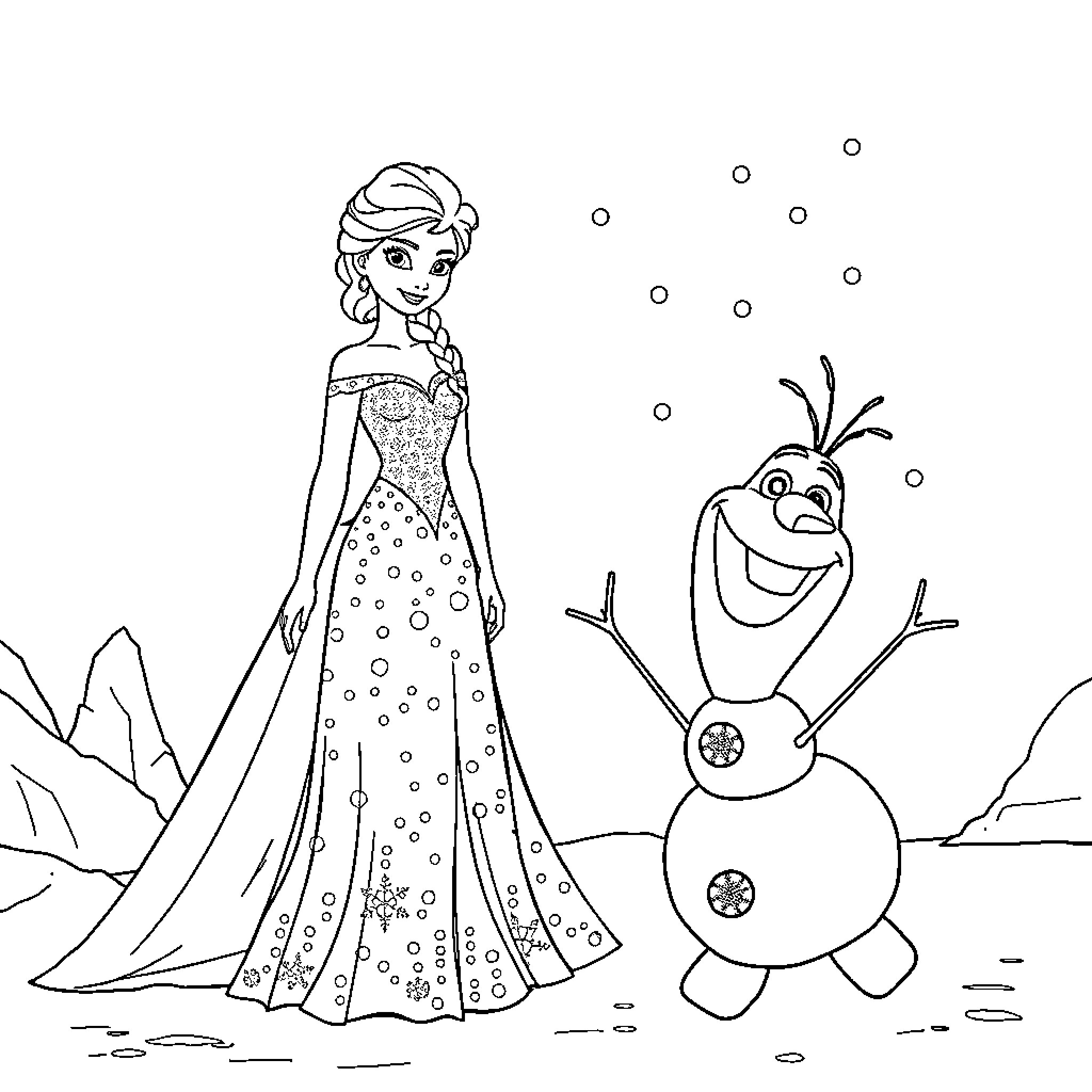 Olaf and Elsa enjoying a snowy winter scene Coloring Page (free black-and-white line drawing printable PDF for all, from beginners to advanced learners, including children, teens, adults, and seniors)